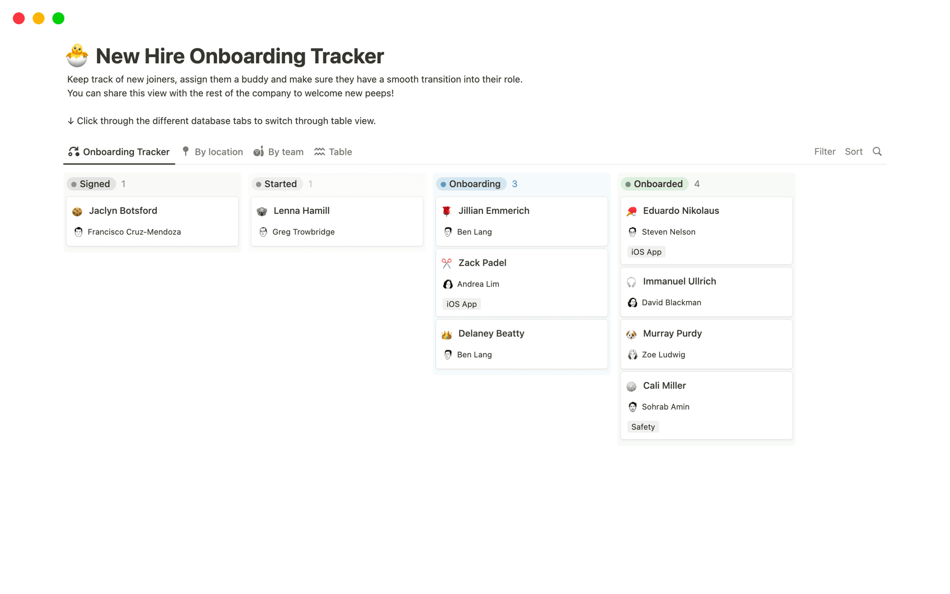 A template preview for New Hire Onboarding