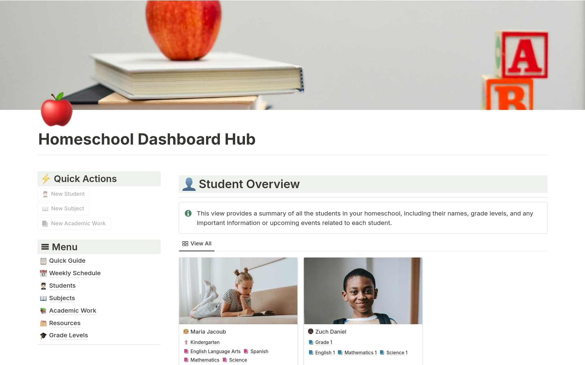 A template preview for Homeschool dashboard hub