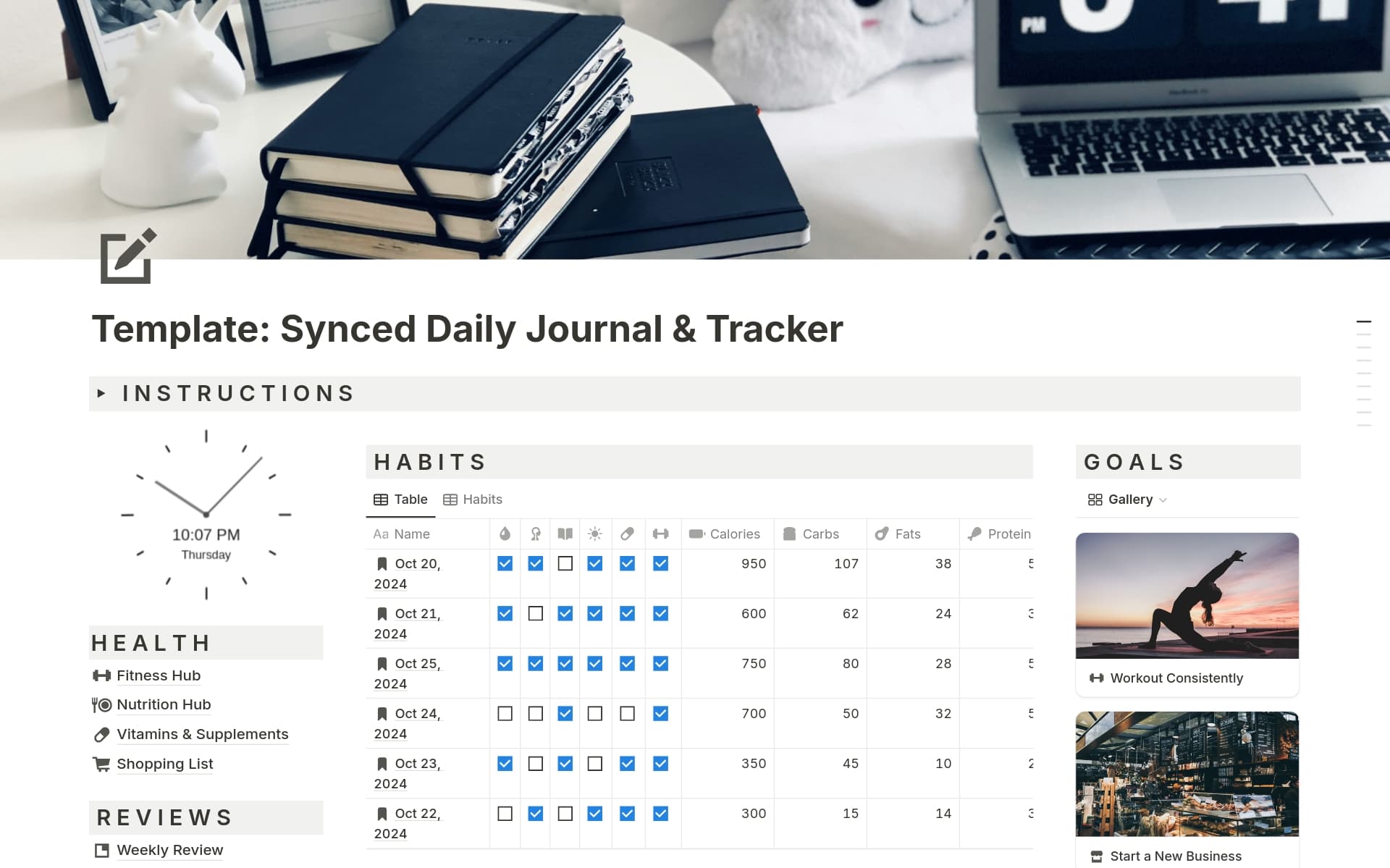 A template preview for Synced Journal & Tracker Life Dashboard System