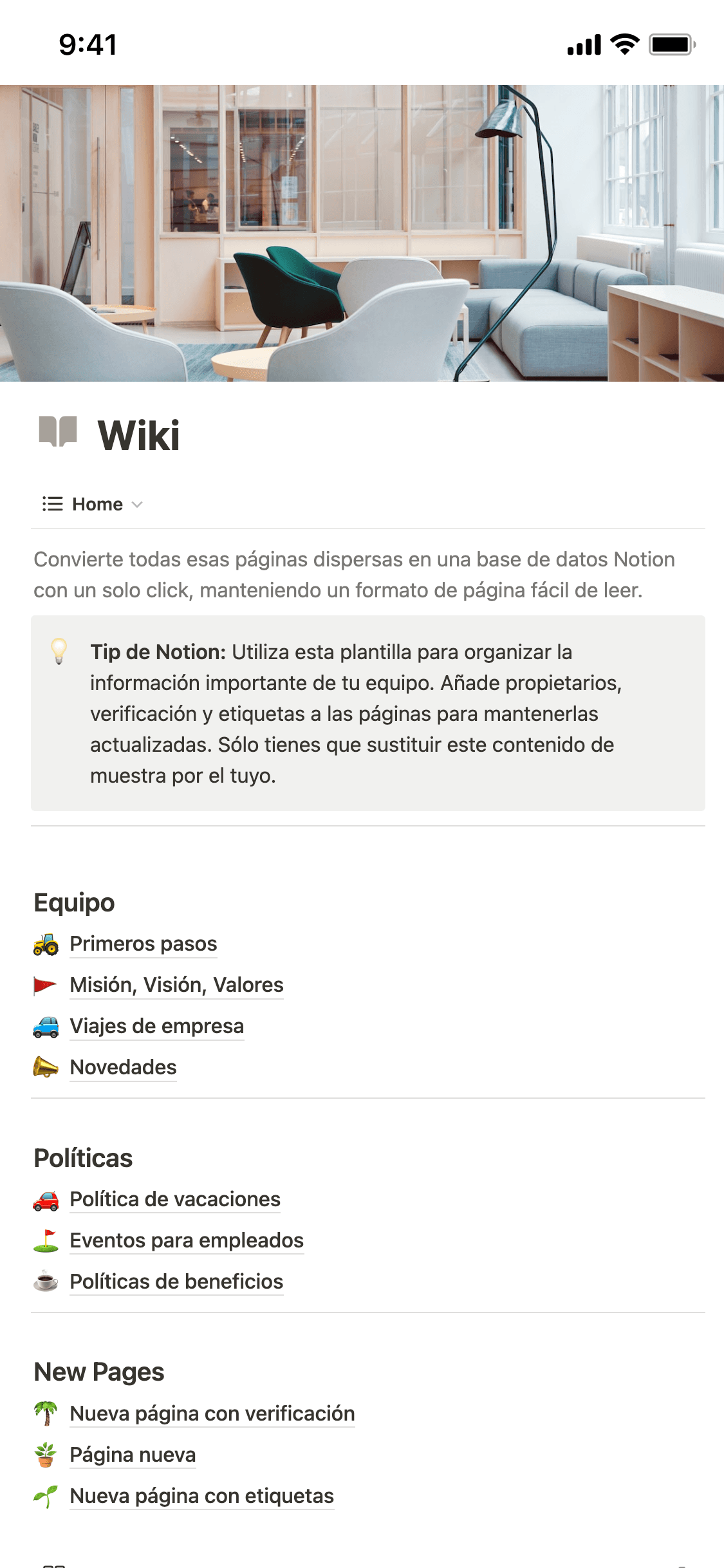 Una captura de pantalla de la aplicación móvil de Notion
