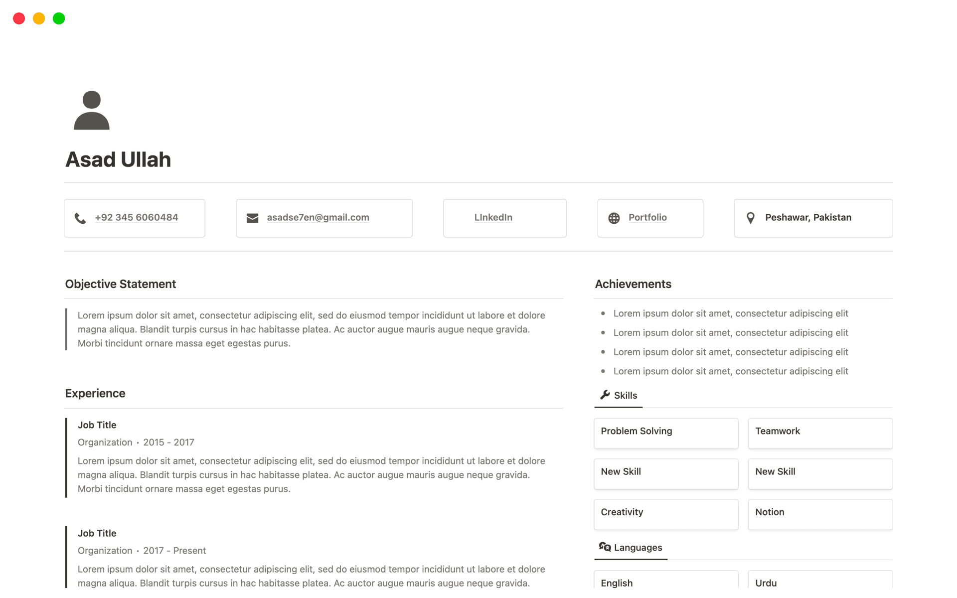 A template preview for Minimal Resume