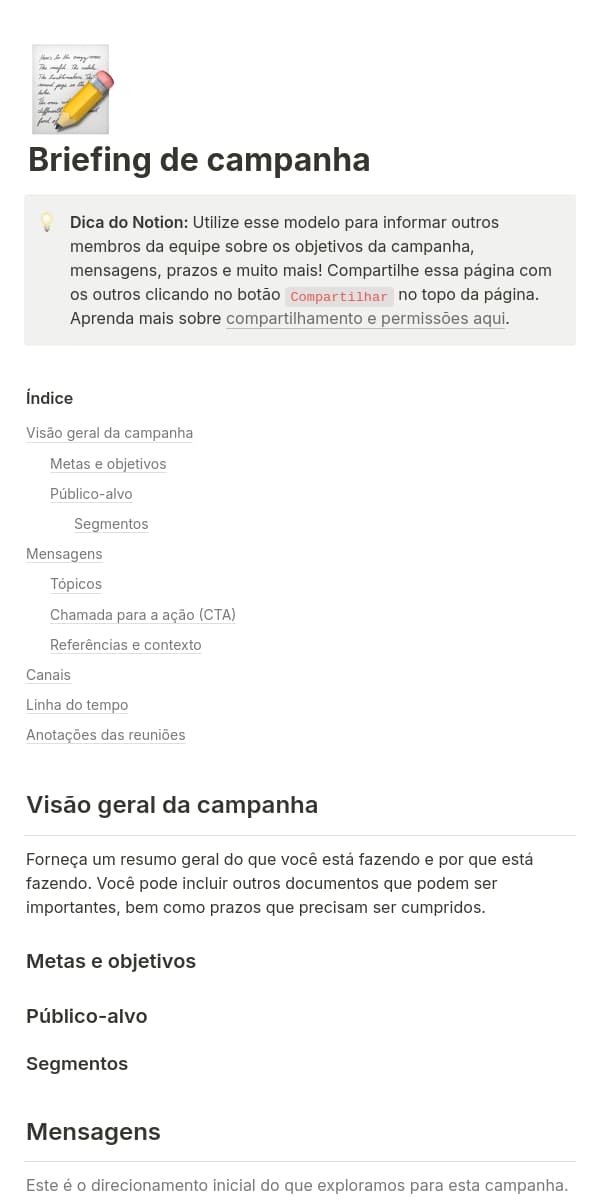 Captura de tela do aplicativo móvel do Notion