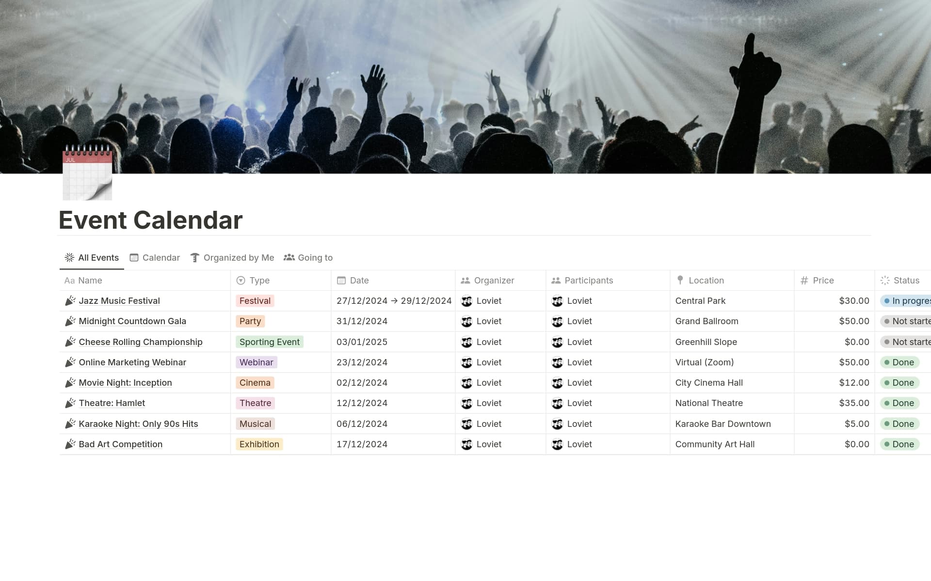 A template preview for Event Calendar