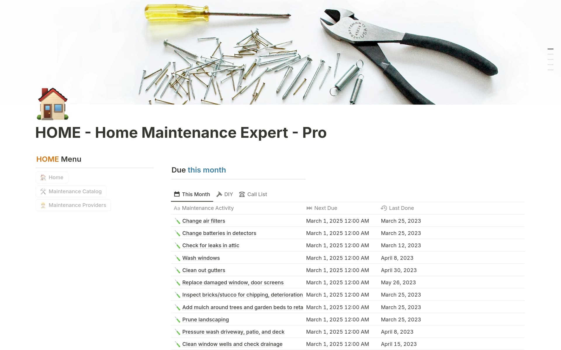 HOME Pro is a powerful Notion template for serious homeowners. Automate maintenance with dynamic tracking, service scheduling, reminders, and provider management. Stay organized and stress-free!