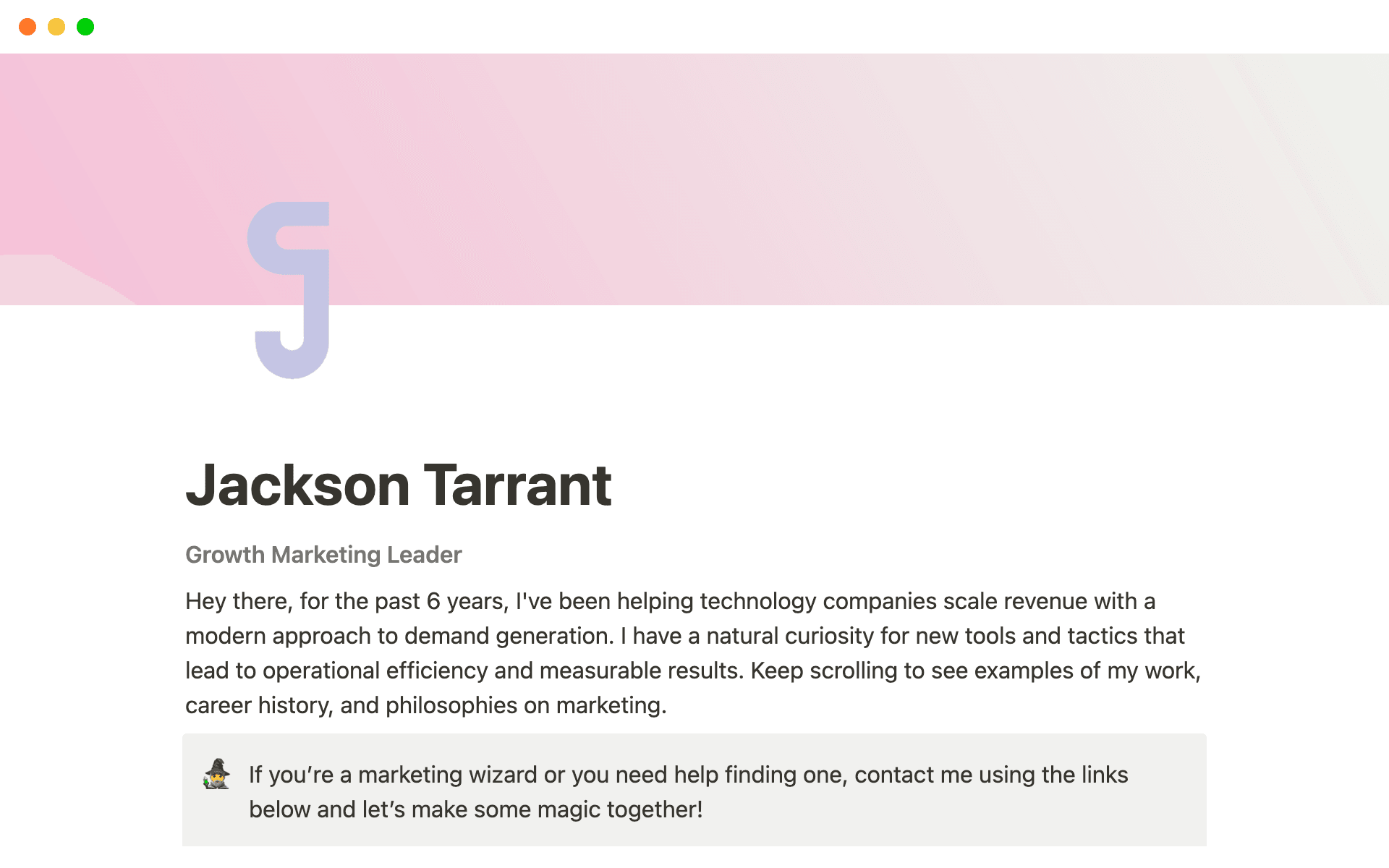 It provides a comprehensive portfolio website for a variety of marketing roles.
