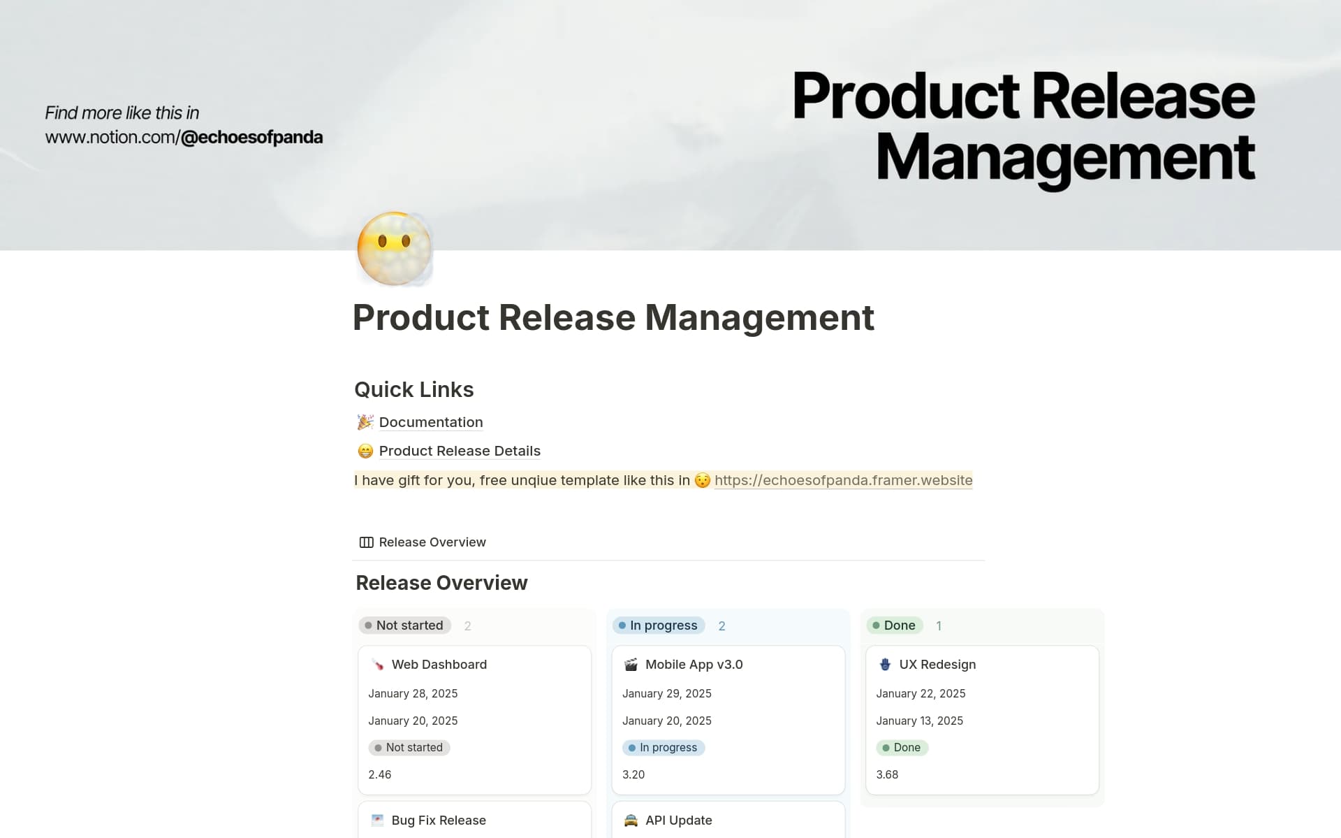 A template preview for Product Release Management