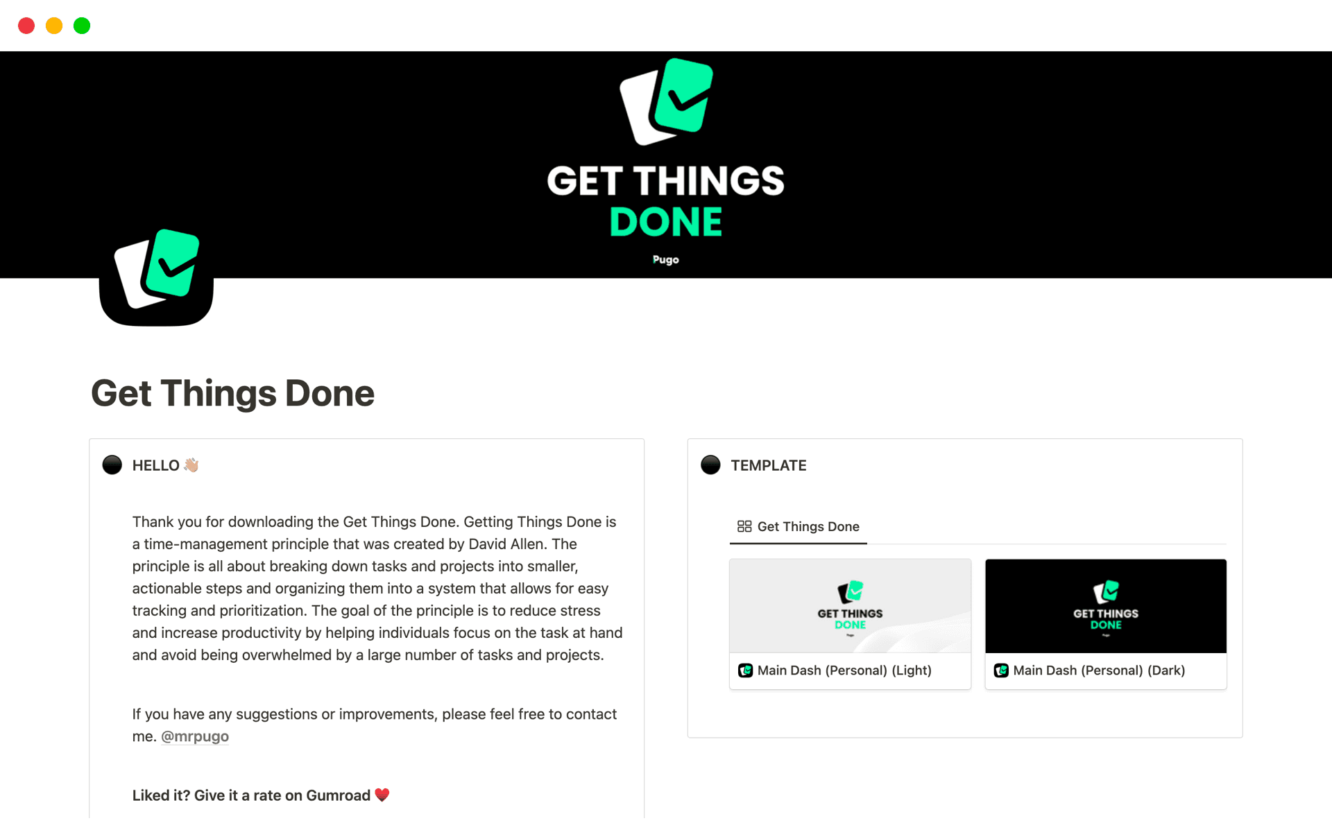 Getting Things Done (GTD) template preview