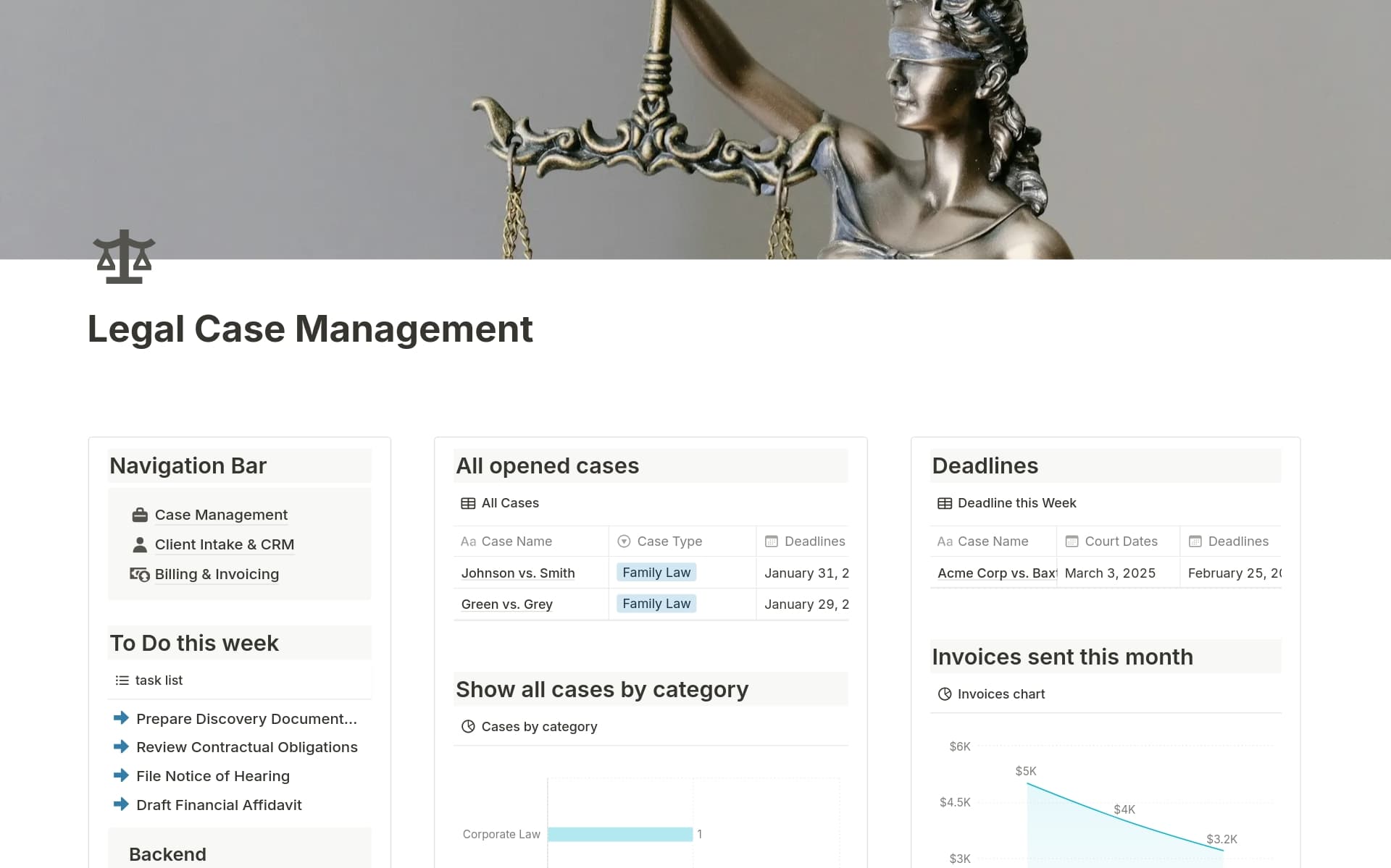 A template preview for Legal Case Management