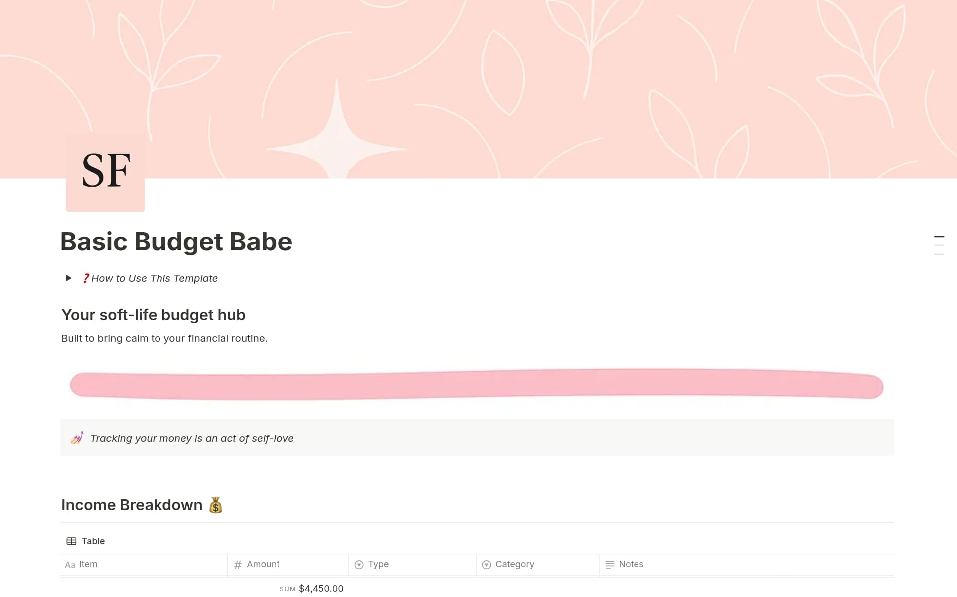 A soft, aesthetic Notion template to track income and expenses — minimal, beginner-friendly, and designed to help you feel good about your finances.
