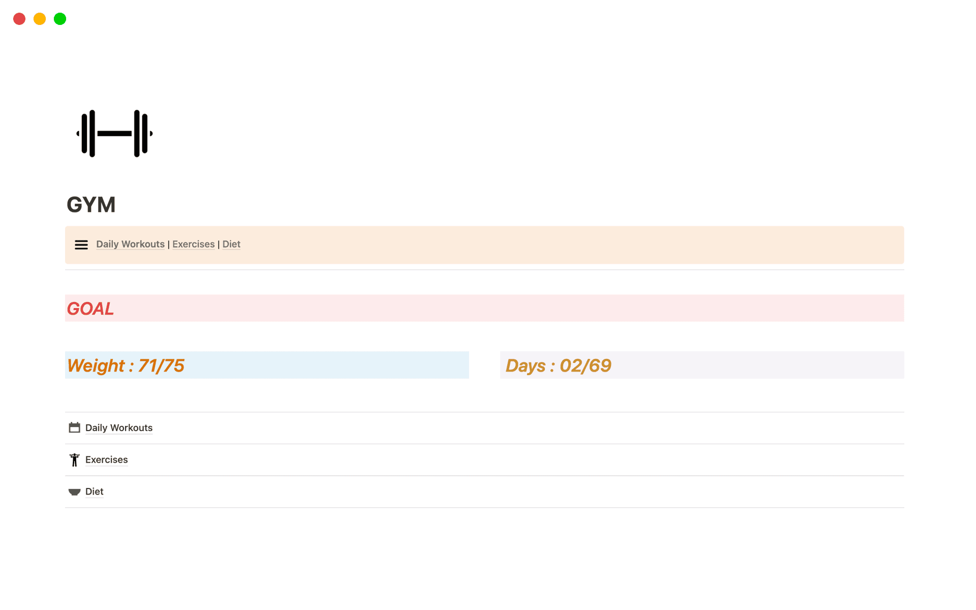 A template preview for GYM