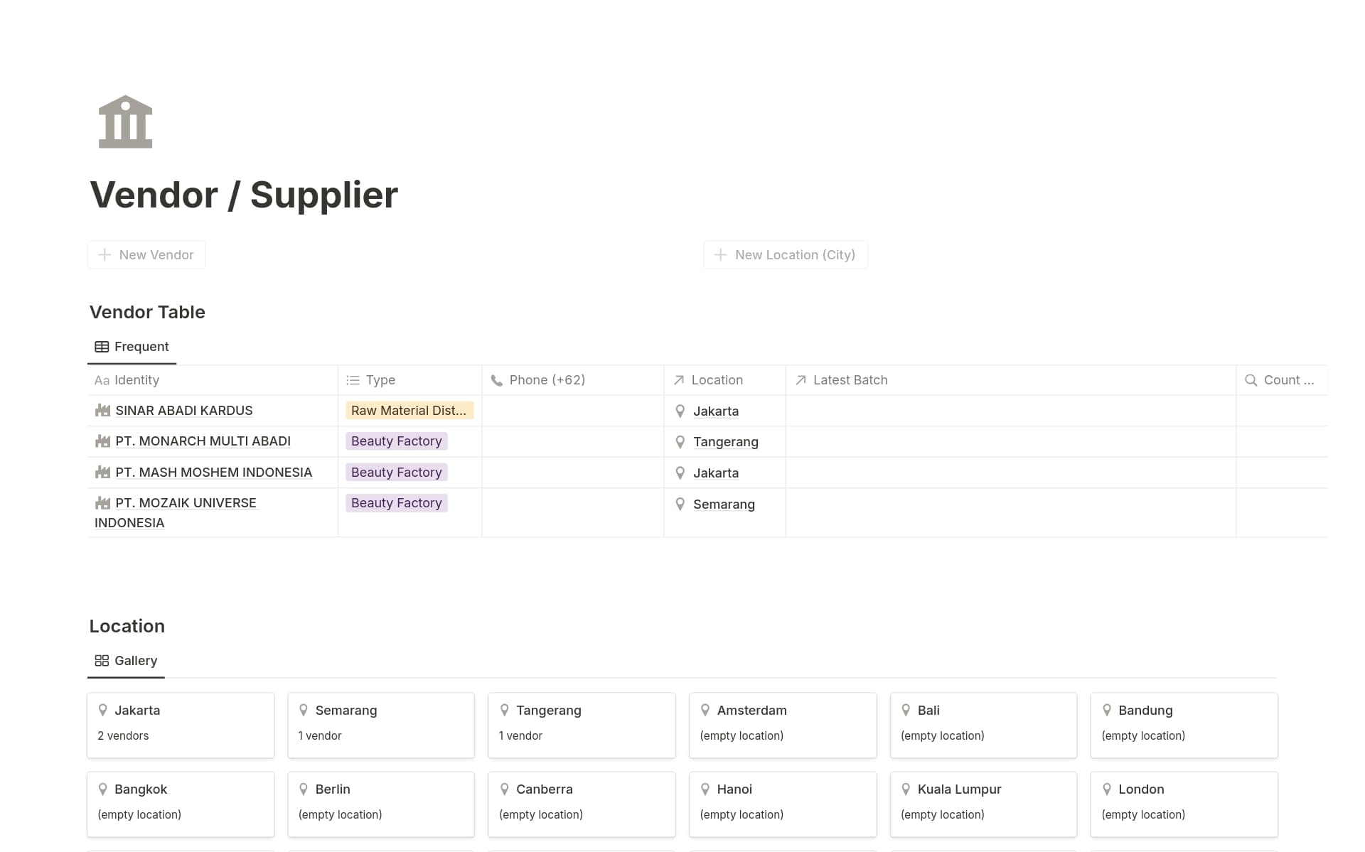 A template preview for Vendor and Supplier Archive