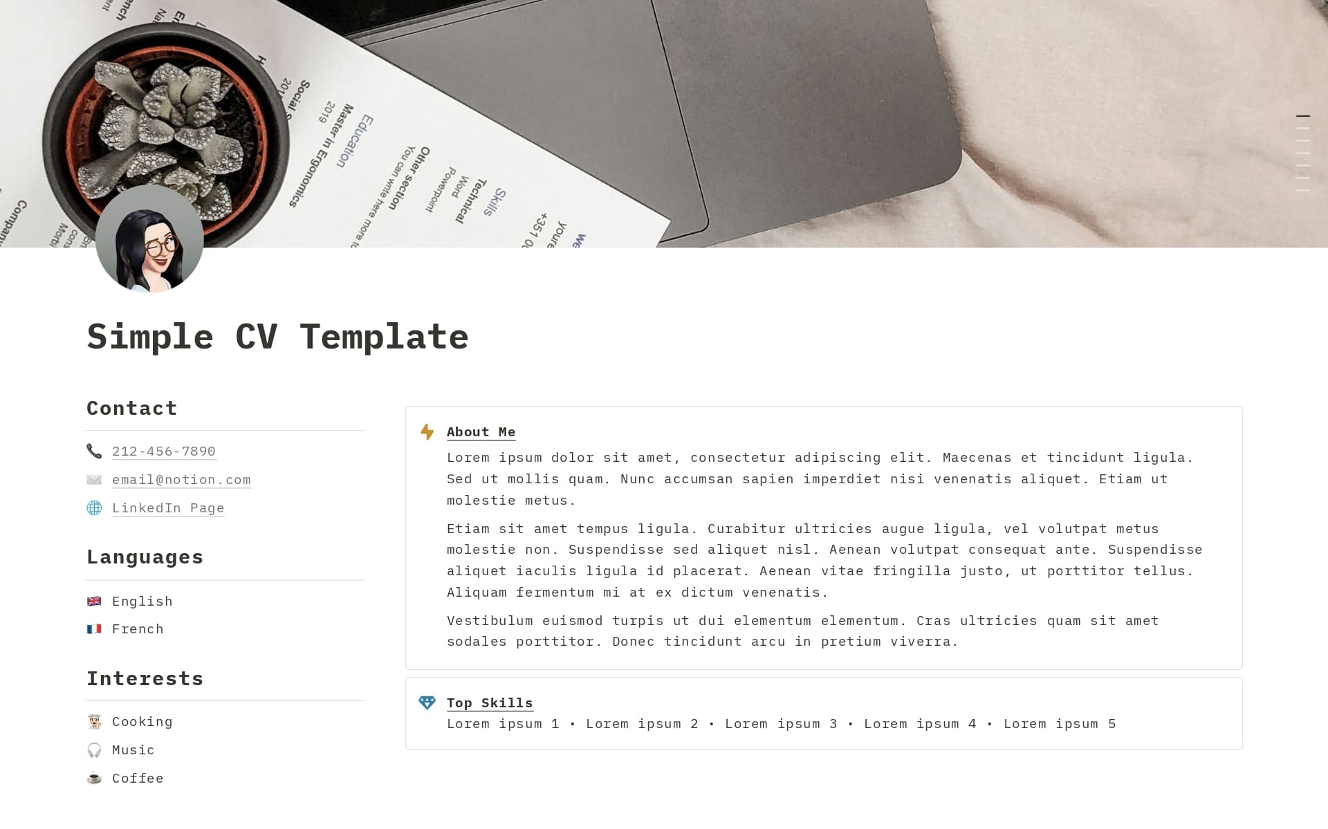 A template preview for Simple CV