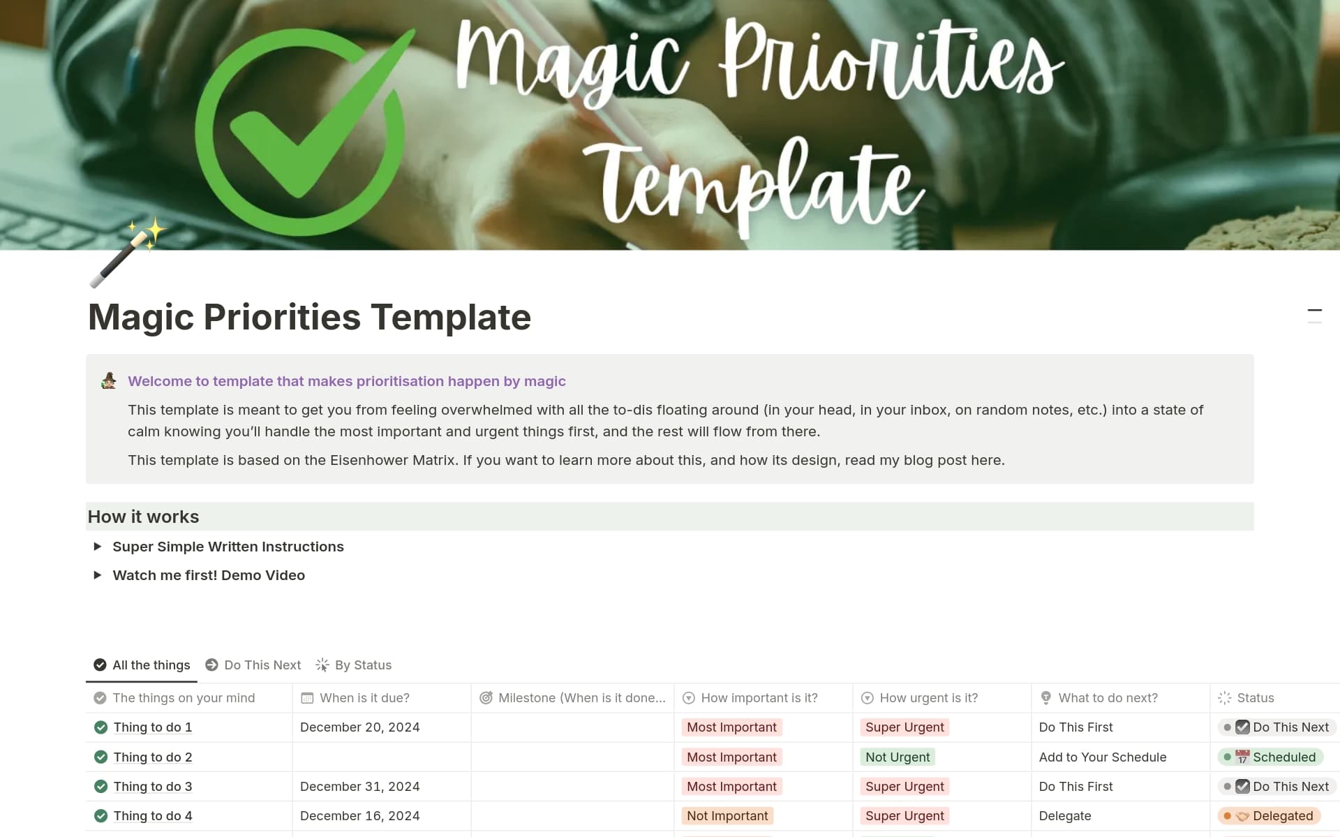 A template preview for Magic Priorities (à la Eisenhower matrix)