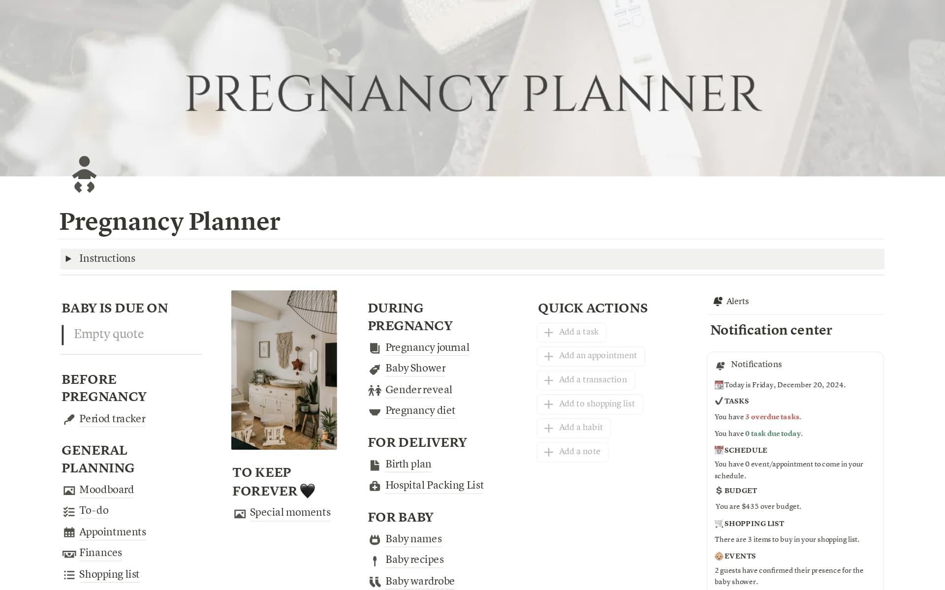This Notion template Pregnancy Planner is the one you need to plan your baby’s birth, write your pregnancy journal, write your birth plan, stay on top of tasks and appointments and much more.