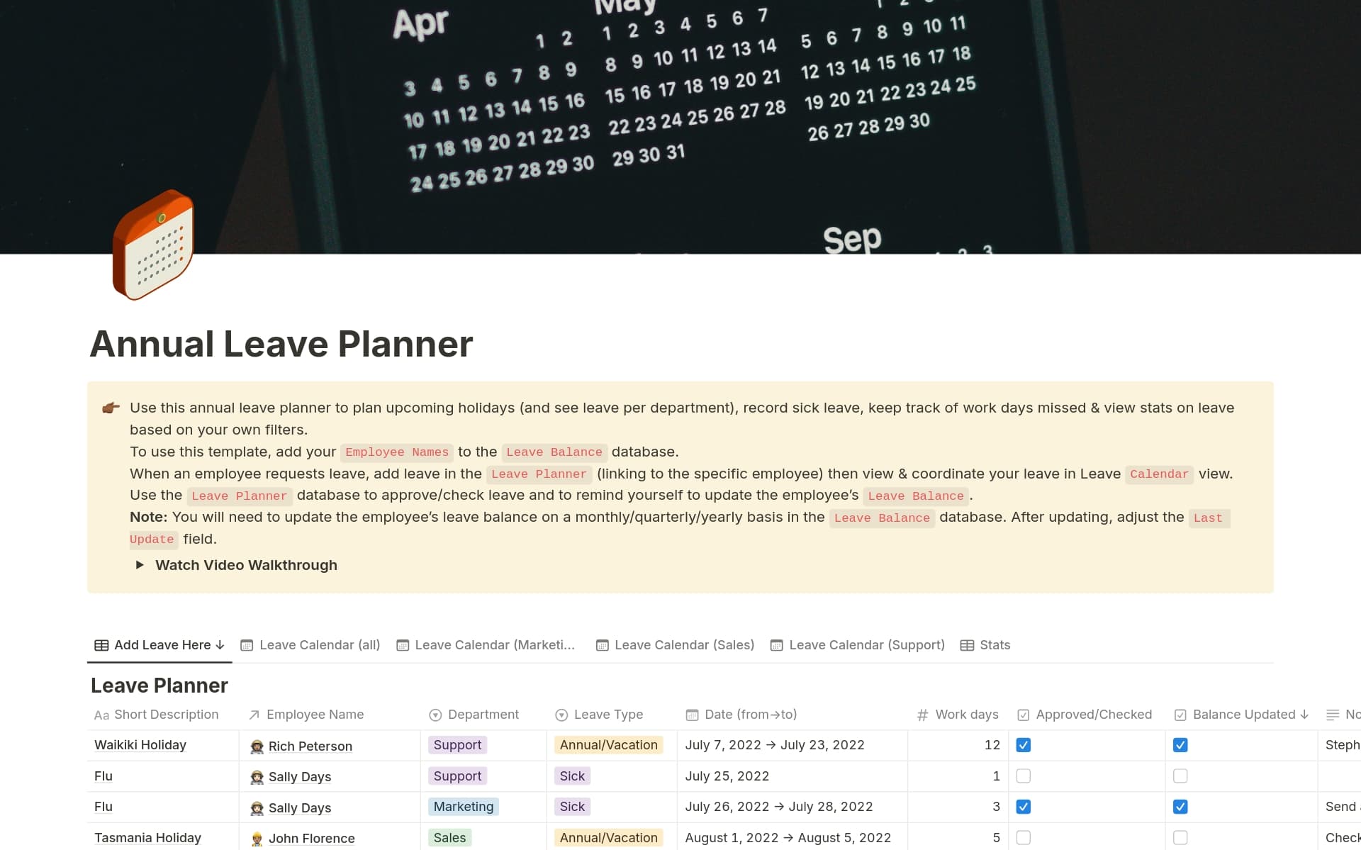 A template preview for Annual Leave Planner