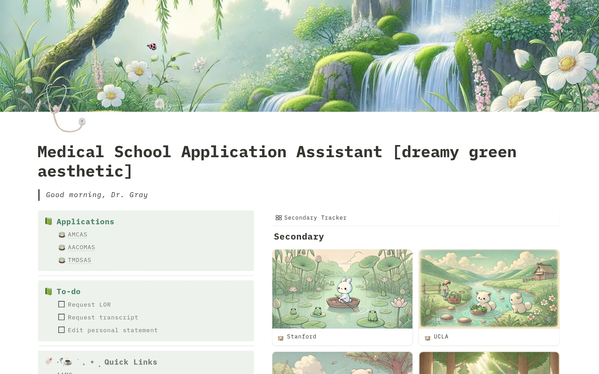 A template preview for Medical School Application Tracker (dreamy green)