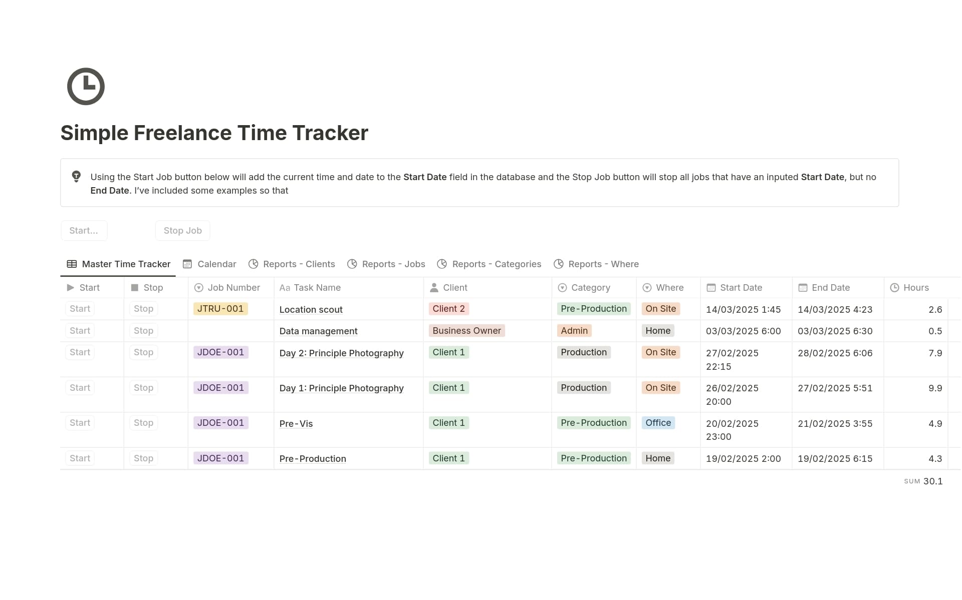 Uma prévia do modelo para Simple Freelance Time Tracker