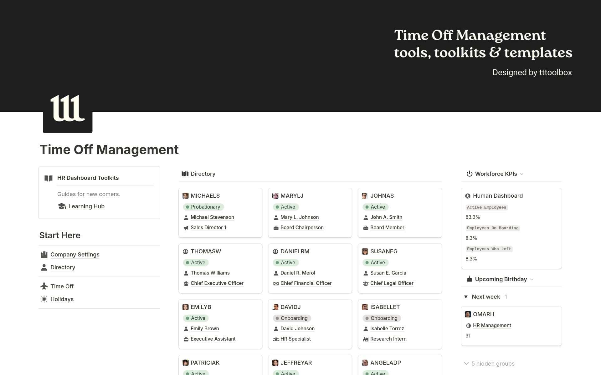 What is included:
Leave Types:
Paid Time Off 💼
Unpaid Time Off 🕒
Time Off Configuration:
Personalized settings for each employee 👤
Accrual rates and balance tracking 📊
Request Management 📝
National and regional holidays 📅
Weekend configurations per country 🏖️