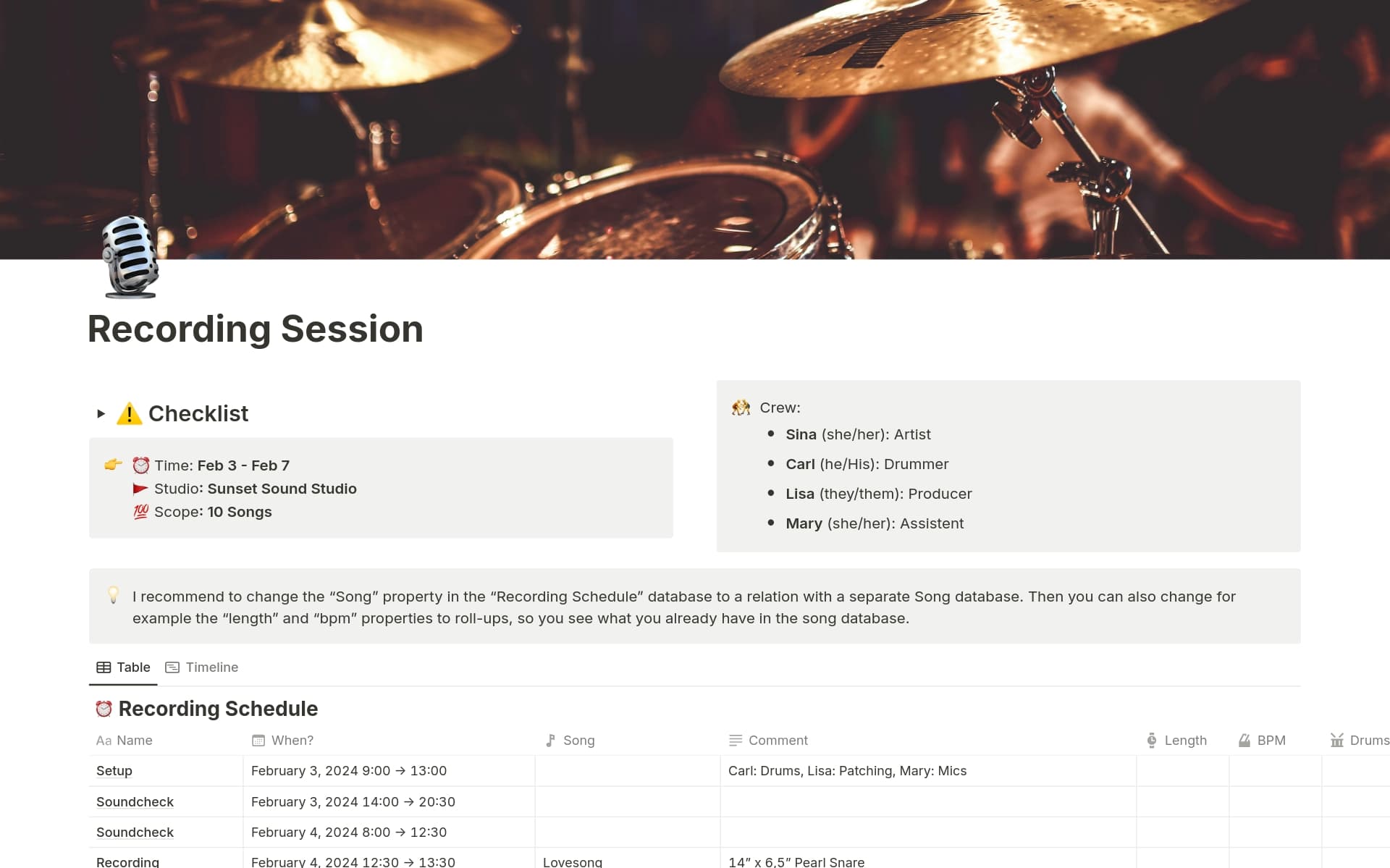 Recording Session Template by Hannes Wolf | Notion Marketplace