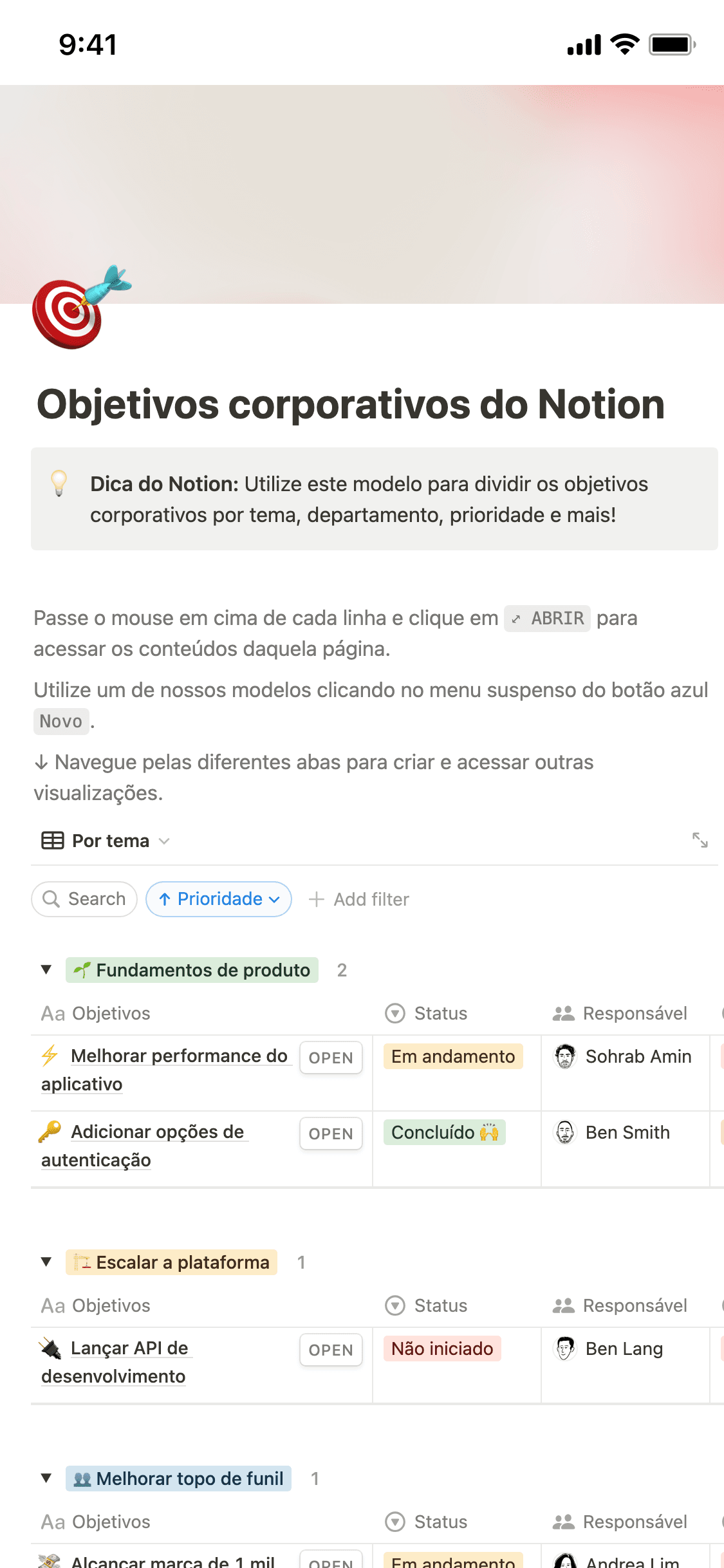 Captura de tela do aplicativo móvel do Notion