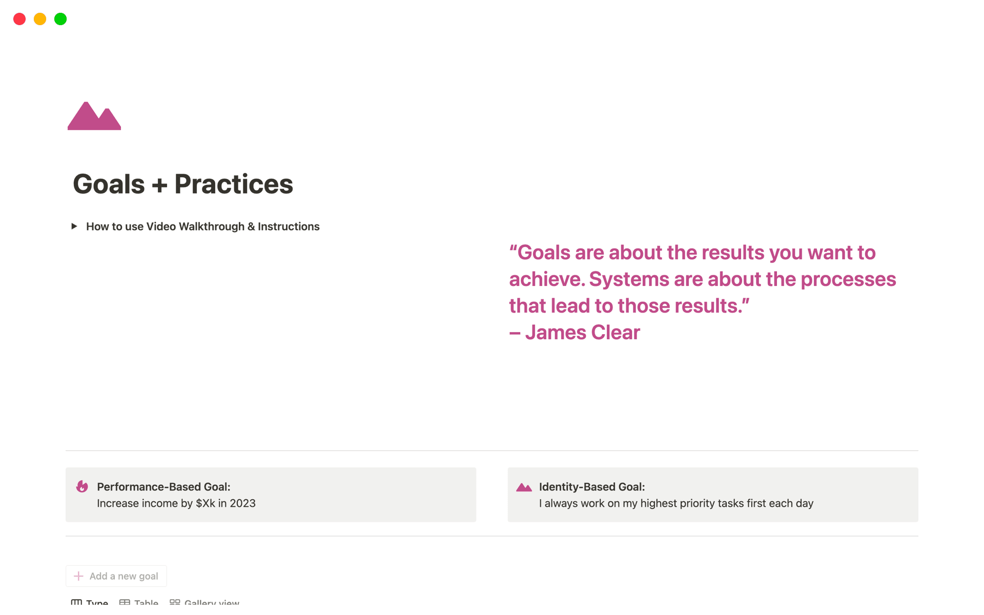 A template preview for Goals + Practices