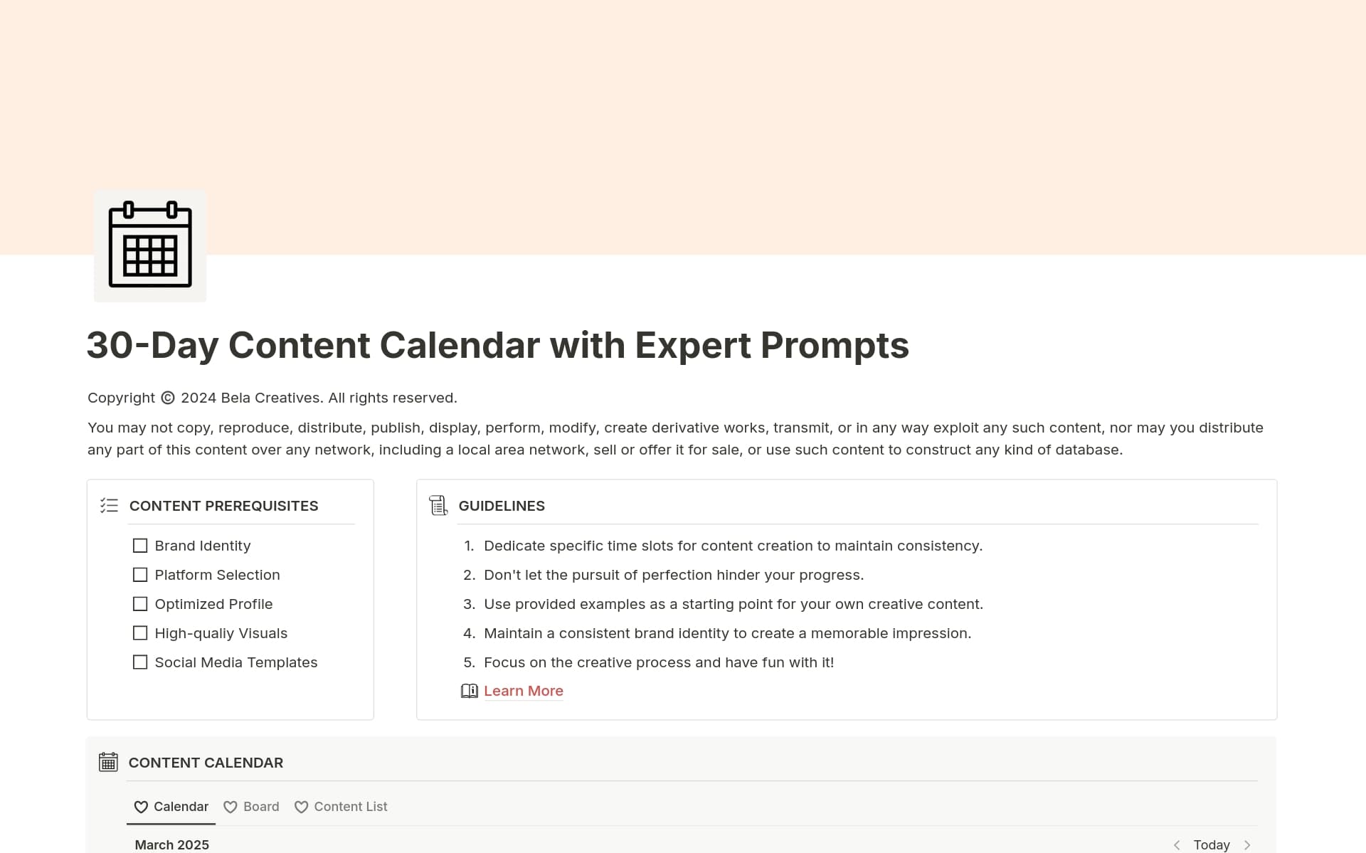 A template preview for 30-Day Content Calendar with Expert Prompts