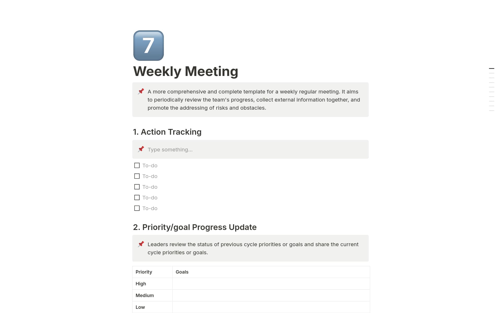 An improved weekly meeting agenda for regular team updates, gathering external information, and addressing risks and challenges effectively.
