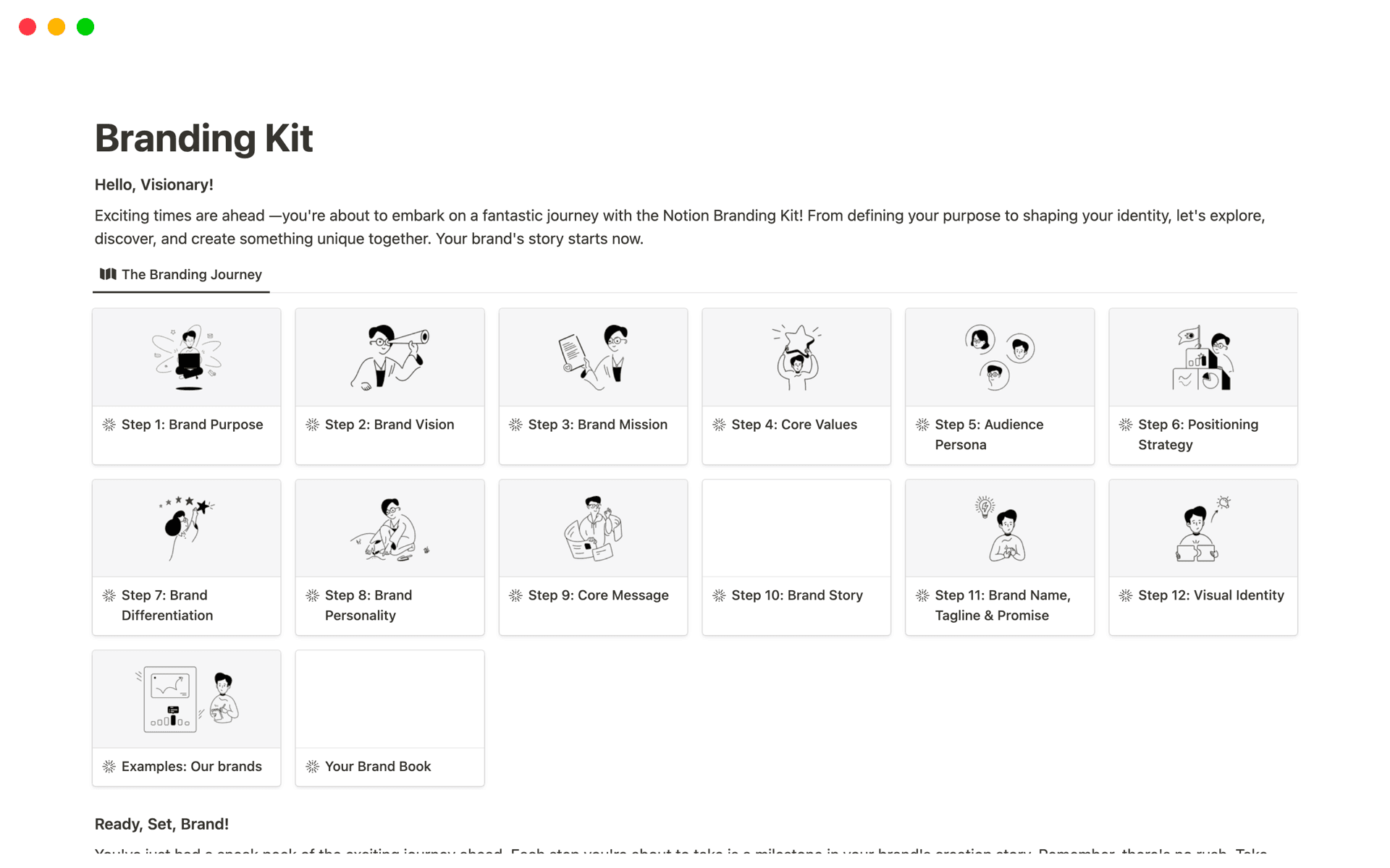 The Notion Branding Kit lays out a 12-step roadmap to brand mastery. Navigate from core purpose to visual aesthetics, building your brand block by block. It's your route to creating a brand that resonates and endures.