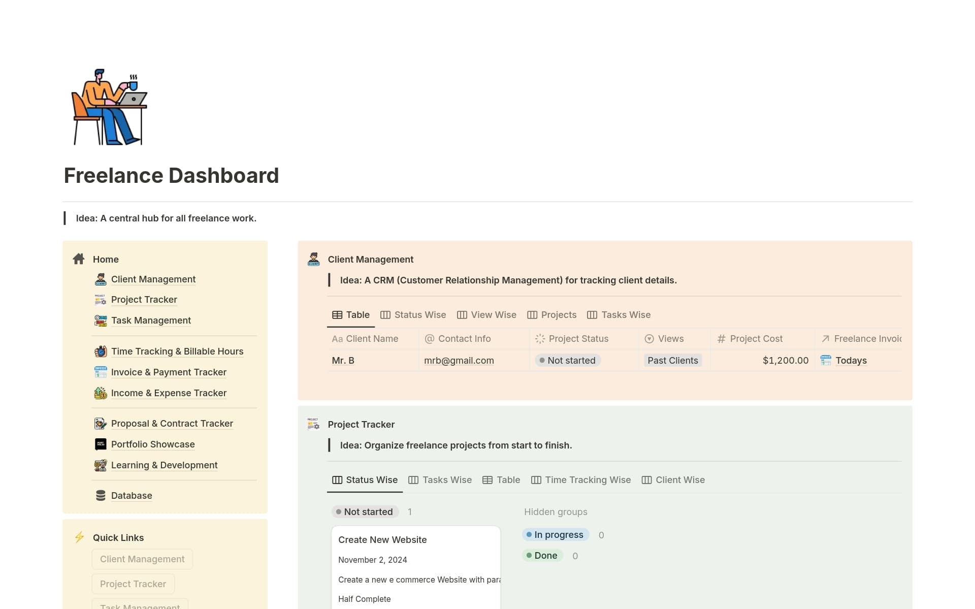 A centralized hub designed to help freelancers manage clients, projects, invoices, tasks, and deadlines efficiently. Stay on top of your workload, track income and expenses, and streamline your workflow — all in one organized space.