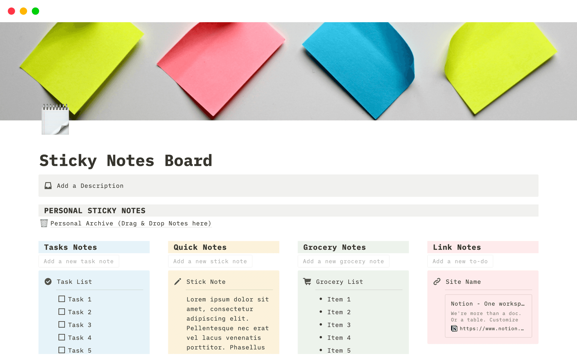 Sticky Notes Board provides a visual way to capture and organize tasks, notes, ideas, and meetings.