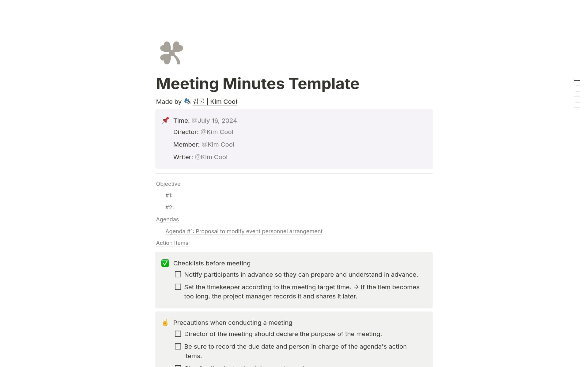 A template preview for Efficient Meeting Minutes