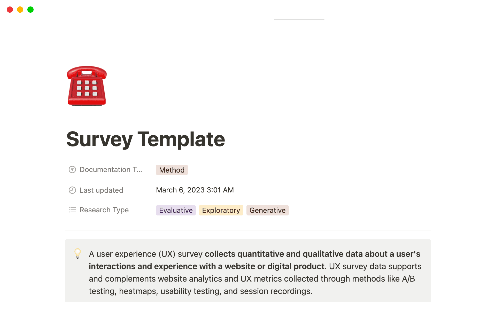 A template preview for Survey Template