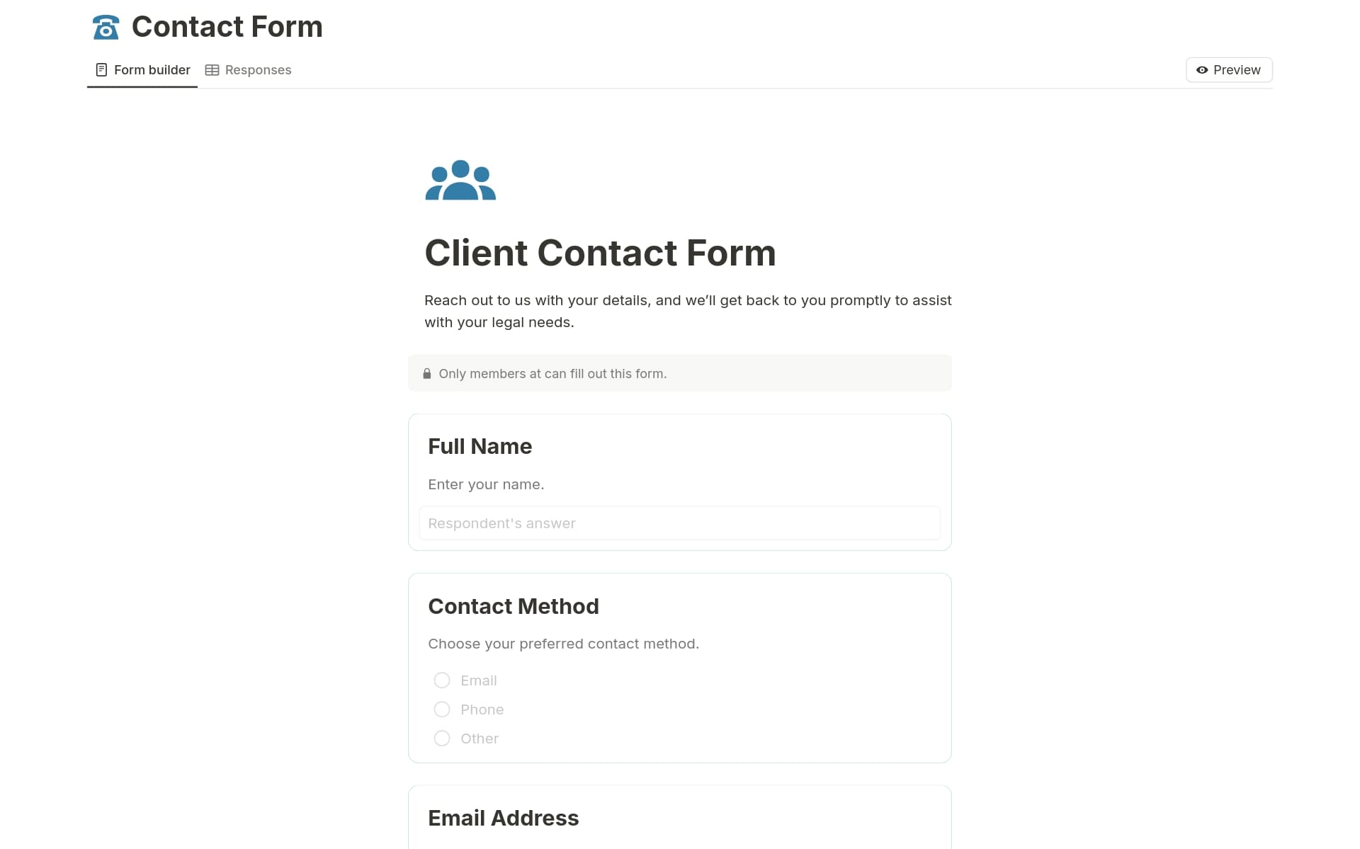 A template preview for Client Contact Form