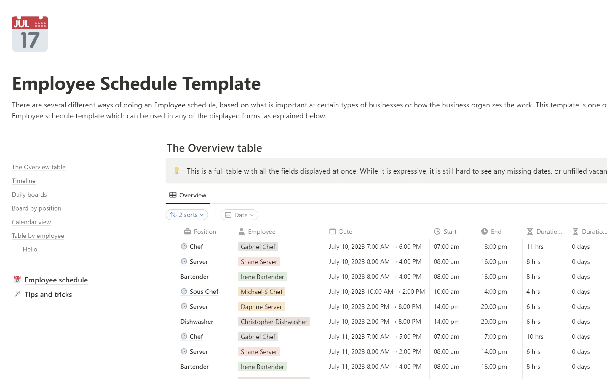 Streamline your workforce management with this adaptable employee scheduling template. Reduce scheduling conflicts, optimize staffing, and boost productivity across any business type. Save time, minimize errors, and keep your team organized in one central hub.
