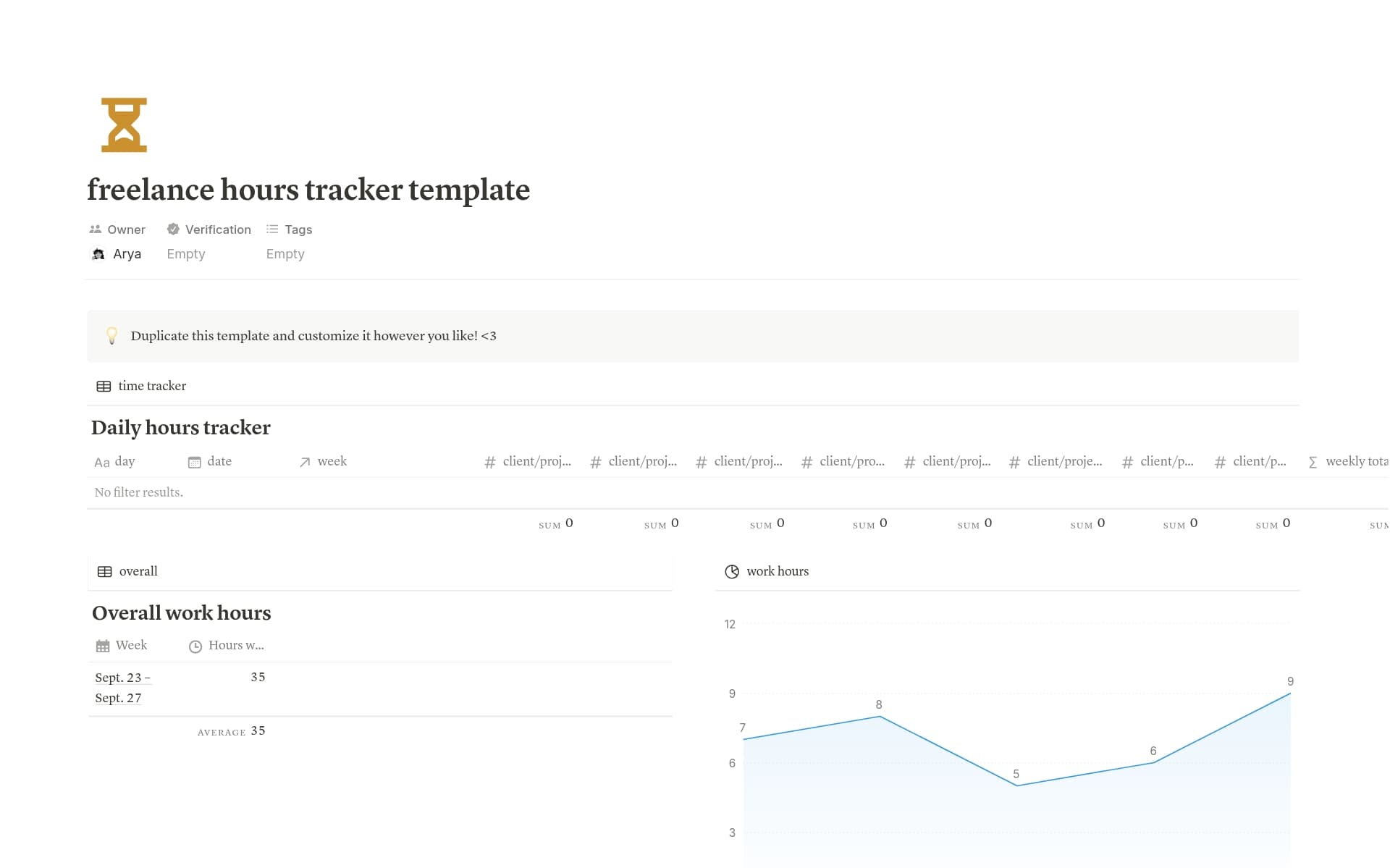 A template preview for freelance hours tracker