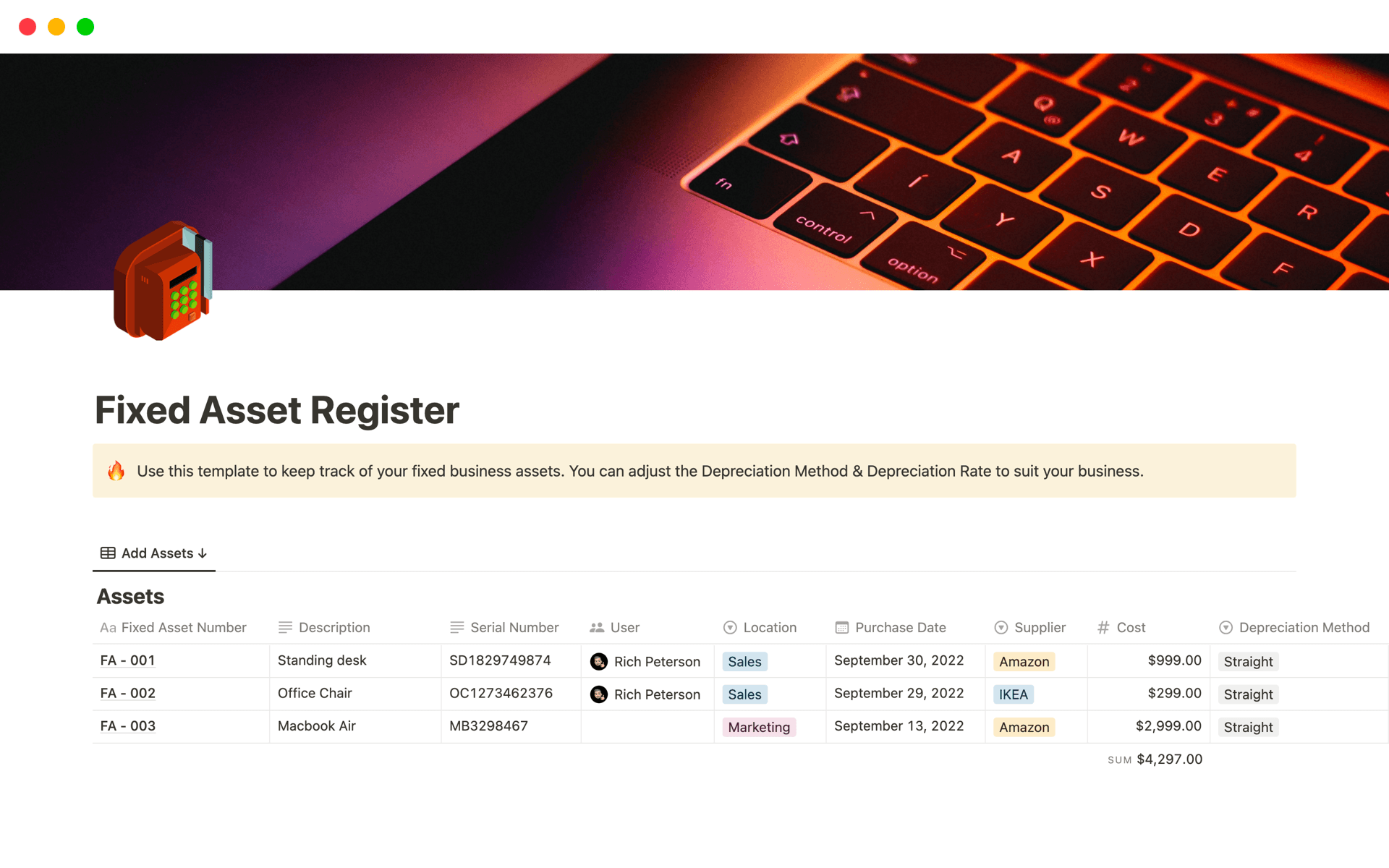Organize and track your fixed business assets with this template. Record details of buildings, machinery, vehicles, and more in a Fixed Asset Register. Perfect for maintaining an accurate overview of your organization’s assets.