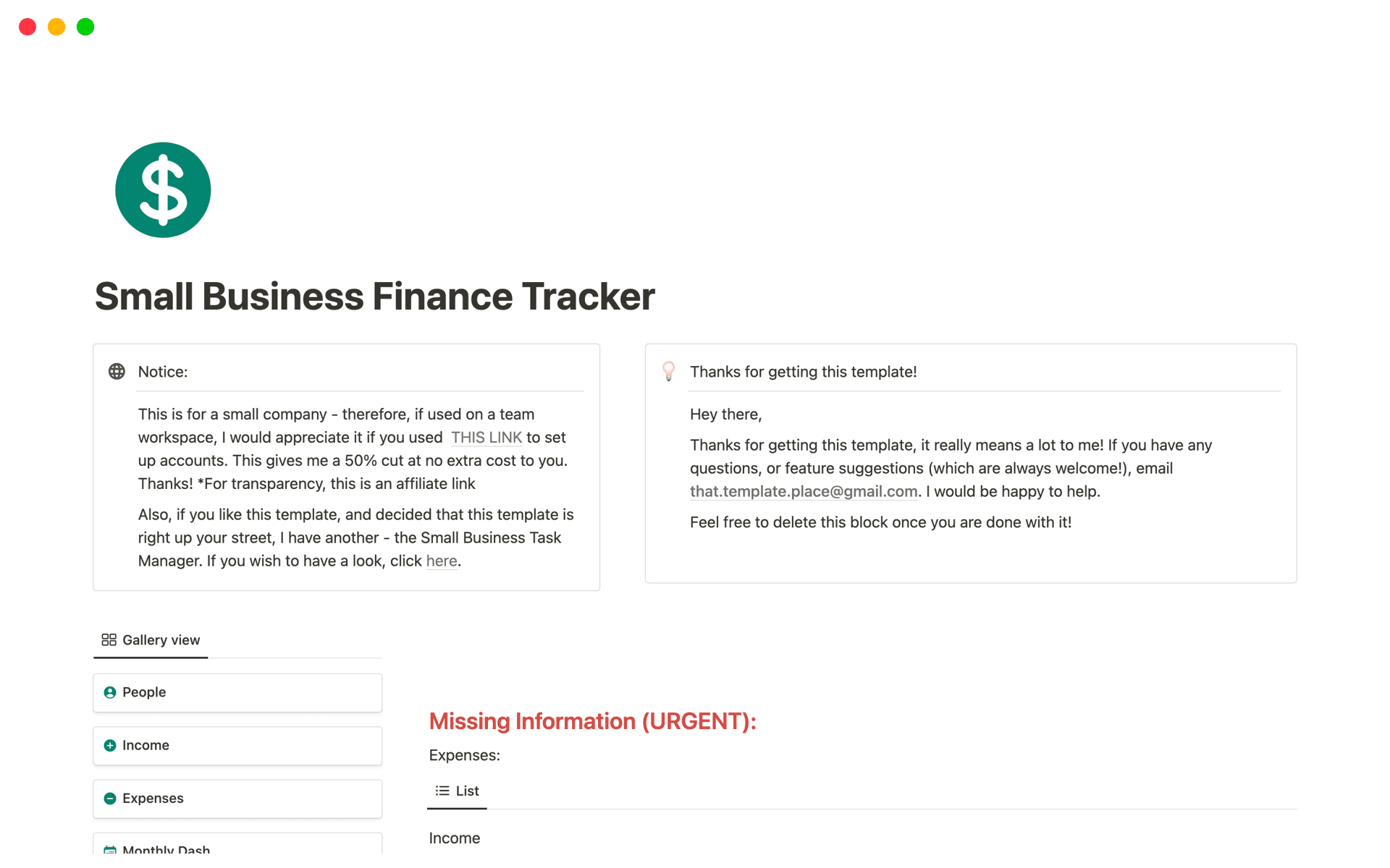 A template preview for Small Business Finance Manager