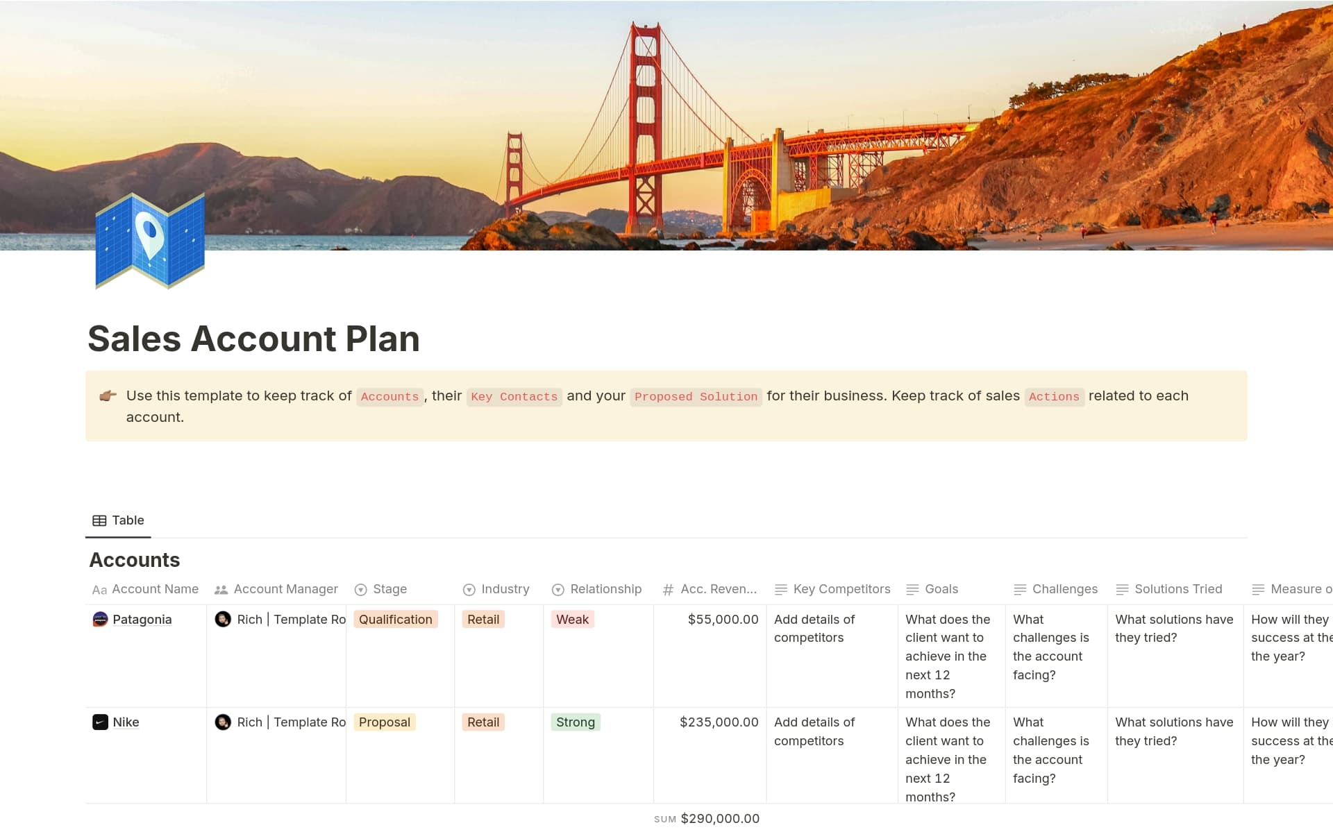 Manage your key accounts with this sales account planning template. Record essential details for prospective and existing clients to tailor strategies, close more deals, and maintain strong relationships. Perfect for organized account management.