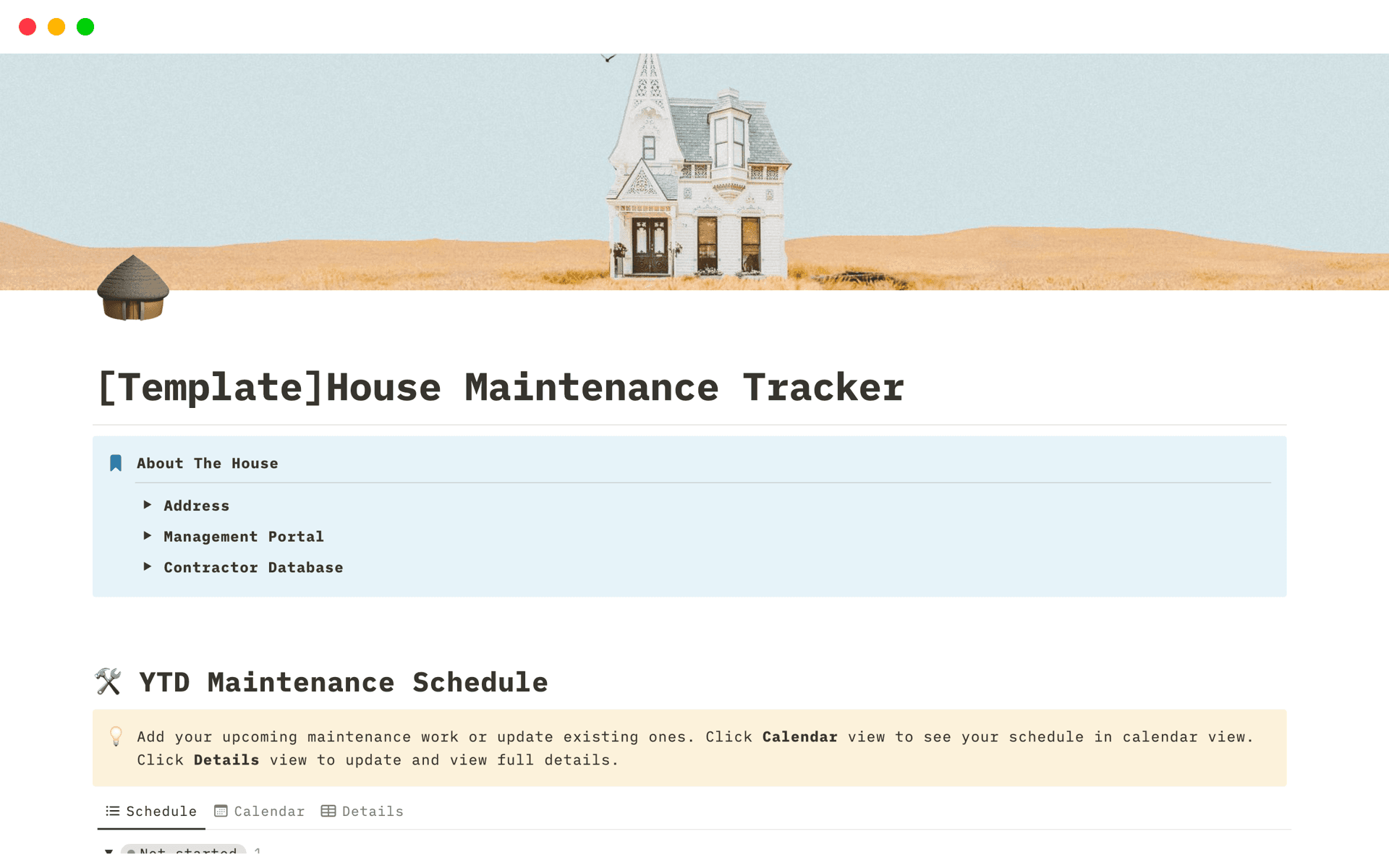 A template preview for House Maintenance Tracker