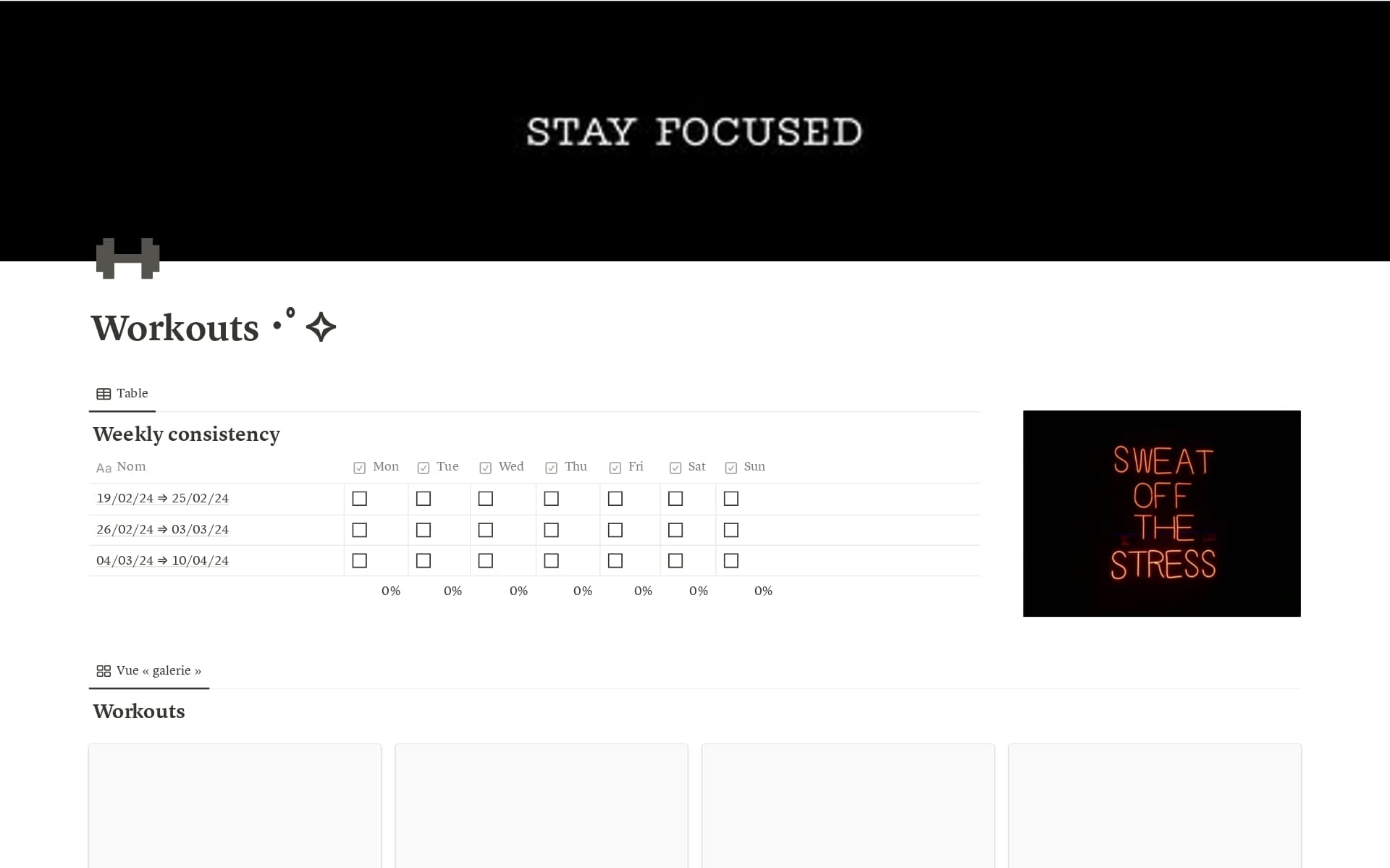 A template preview for Workouts