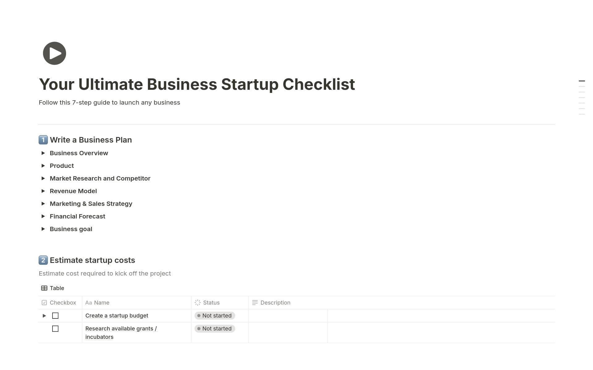 A template preview for Ultimate Business Startup Checklist