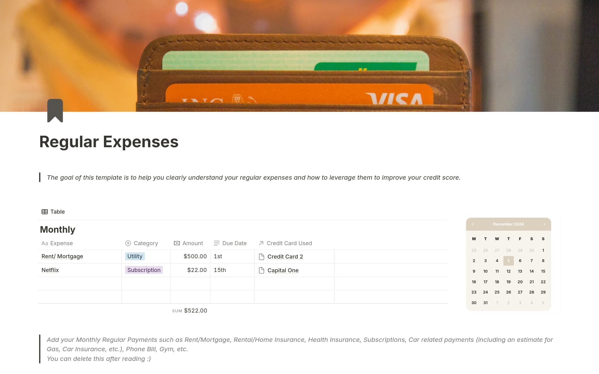 A template preview for Optimize Regular Expenses to boost your Credit