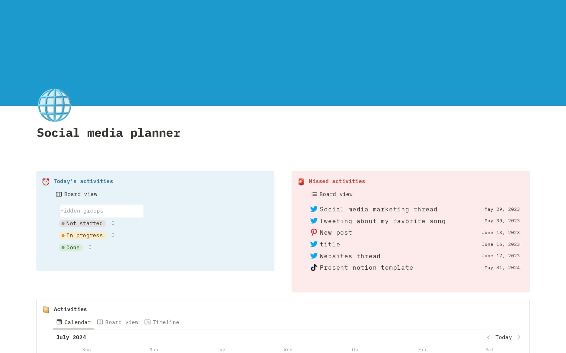 A template preview for Social media planner