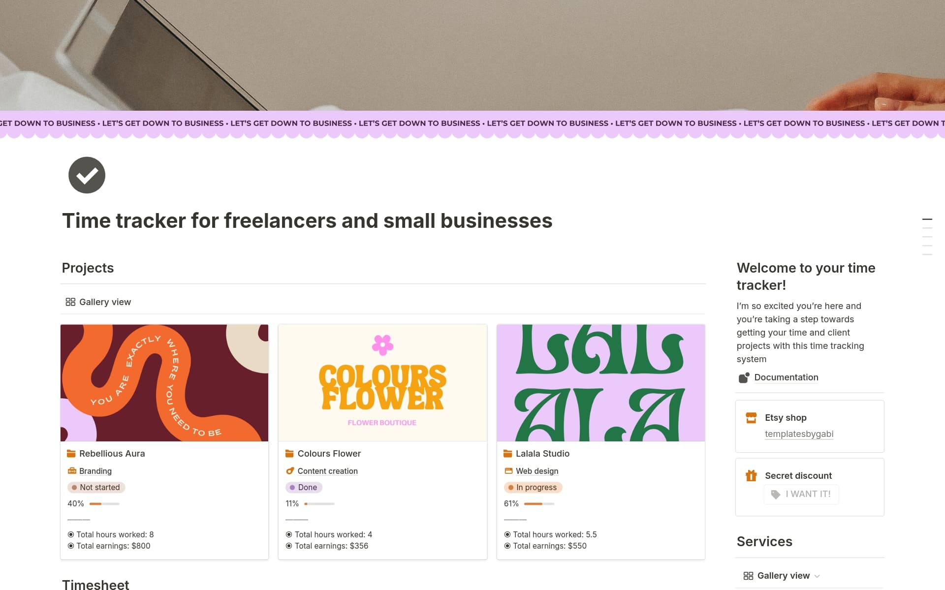 Easily track your time on client projects with this template. Ideal for freelancers and small businesses, it helps you log hours, see your progress, and manage earnings in one easy-to-use Notion template