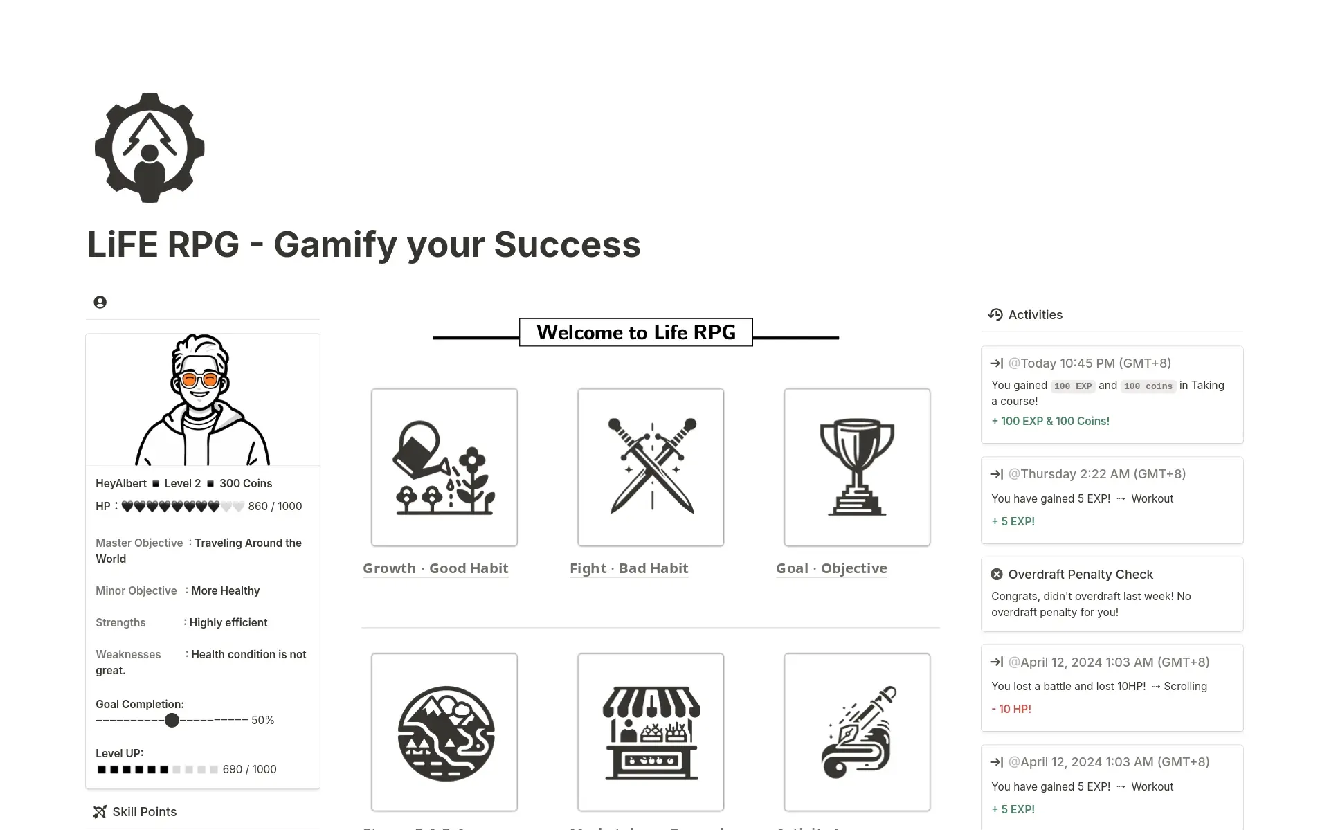 Captura de tela da coleção Templates para gamificar sua vida por Notion