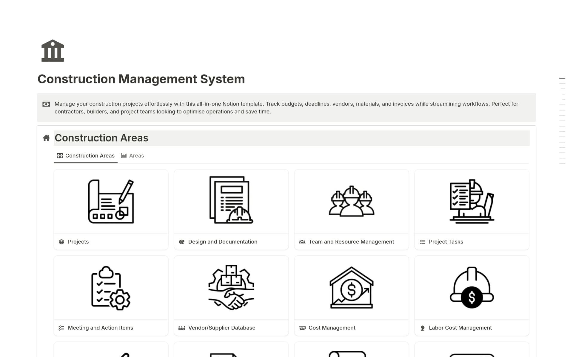 A template preview for Construction Management System