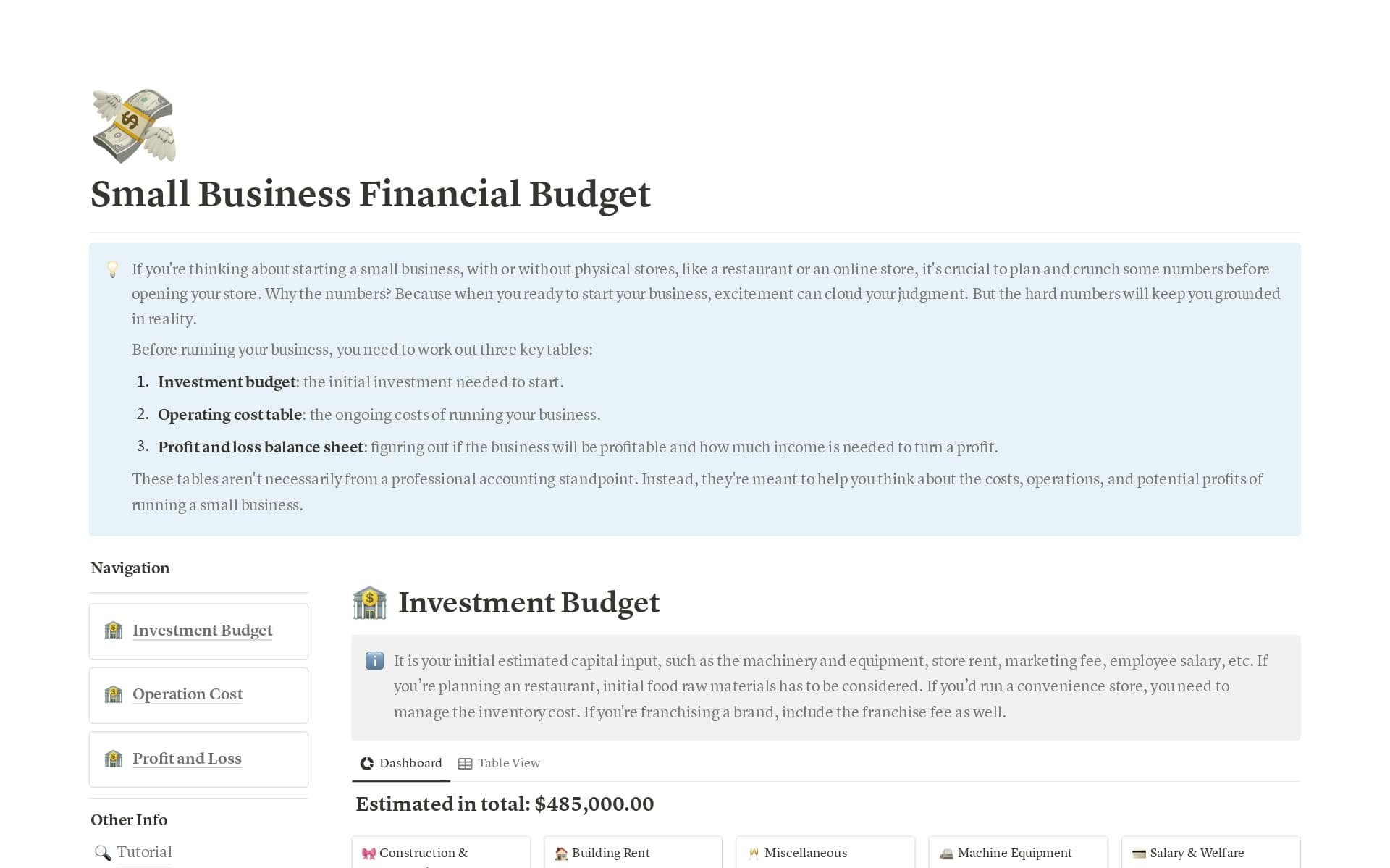 If you're thinking about running a small business, this template helps to identify your initial investment budget needed, operating cost of ongoing running the business, and figuring out if how much income is need to turn your business profitable.