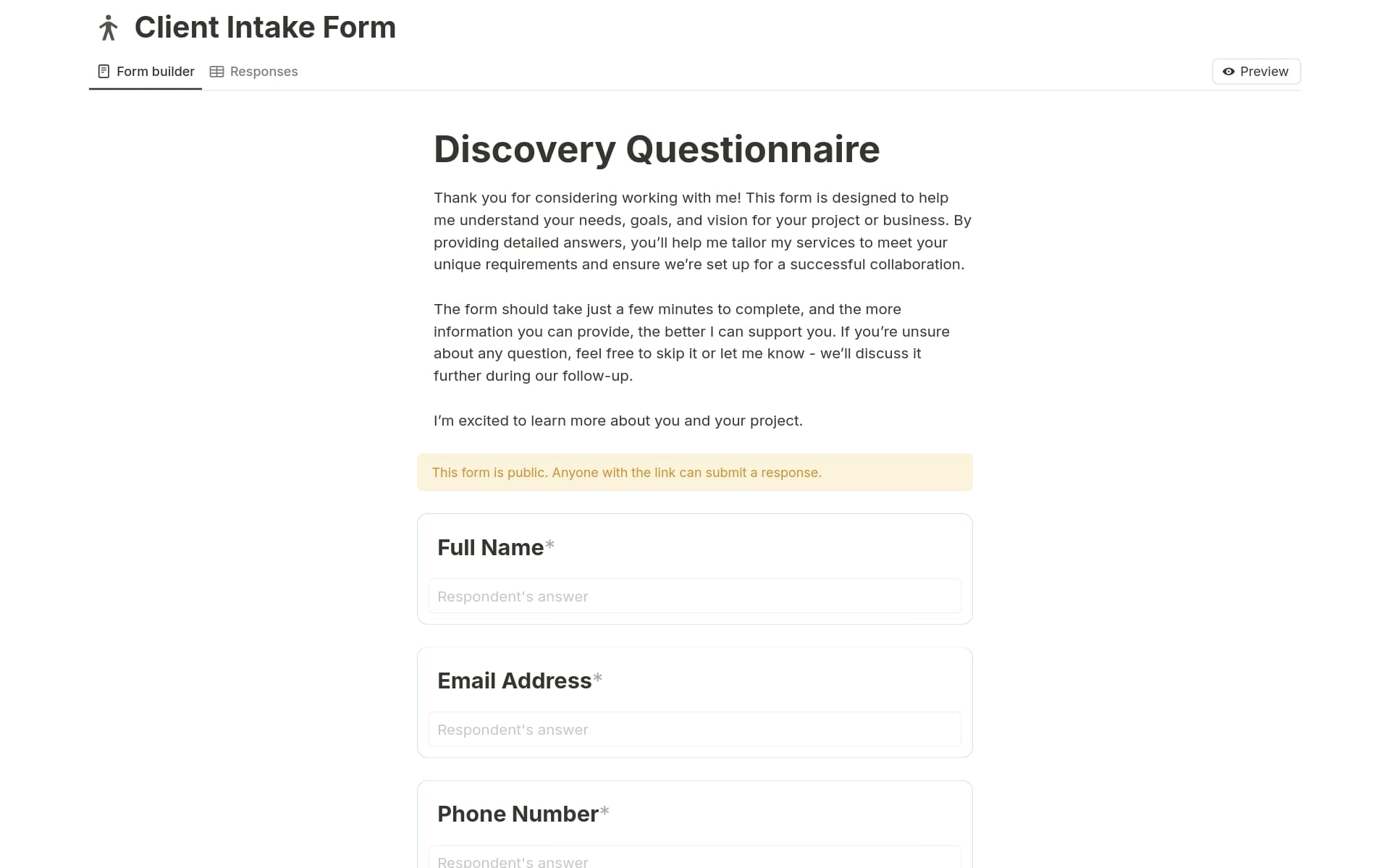 A template preview for Client Intake Form Survey