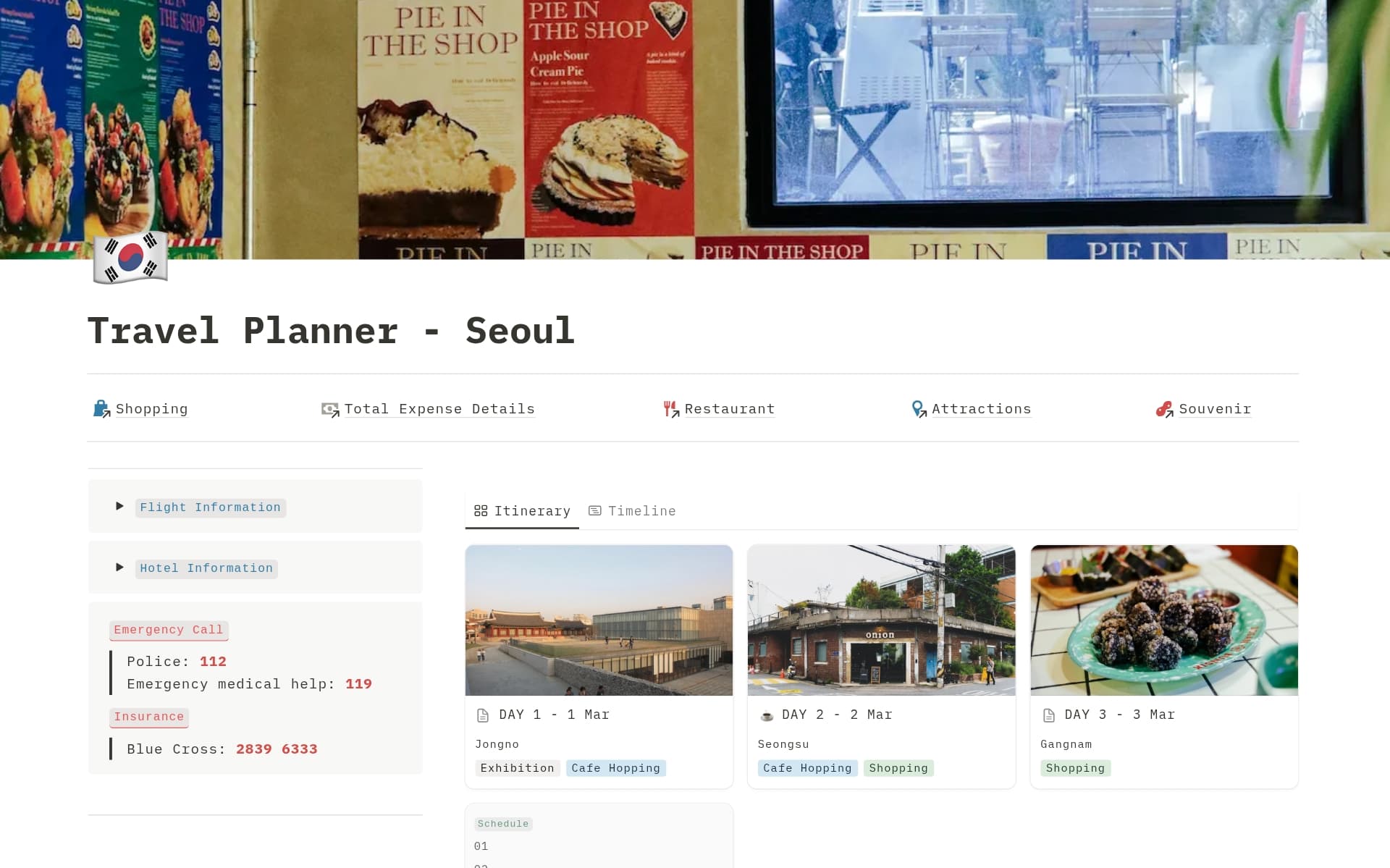 A template preview for Travel Planning Note for Your Trips in Seoul