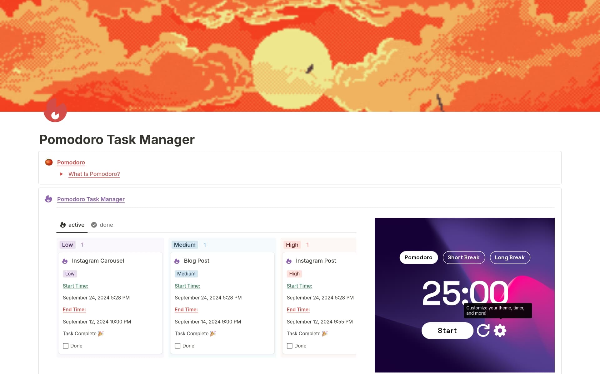 A template preview for Pomodoro Task Manager
